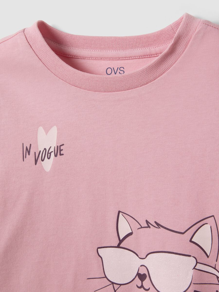 Girls&rsquo; pink organic cotton T-shirt with kitten print_2