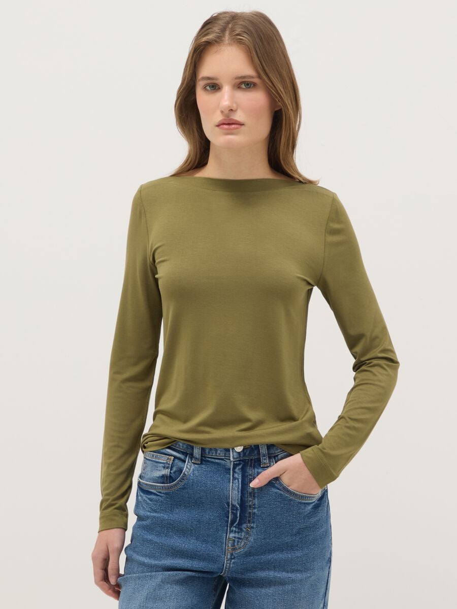 T-shirt girocollo verde a maniche lunghe regular fit_0