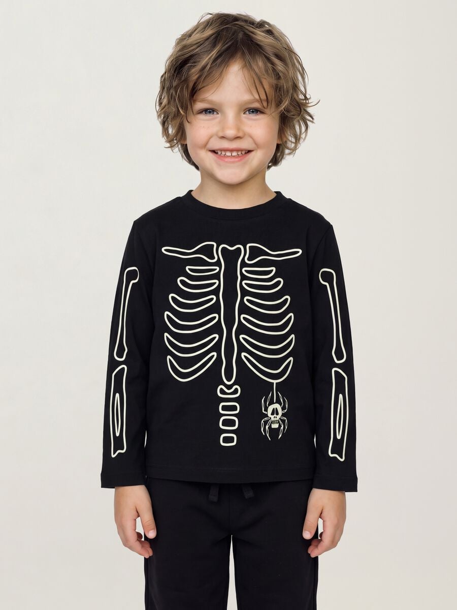T-shirt nera in puro cotone con girocollo e stampa scheletro_0
