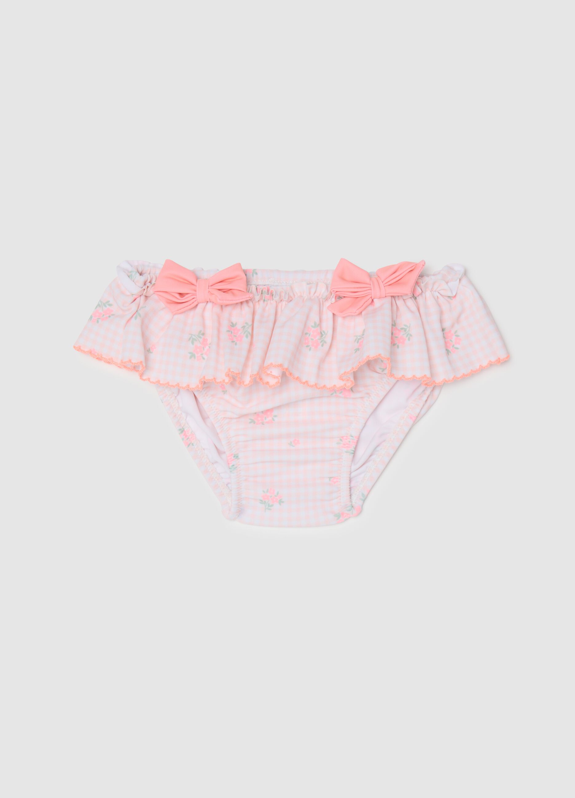 Costume da bagno da bambina in misto elasticizzato multicolor con balze e fiocchi