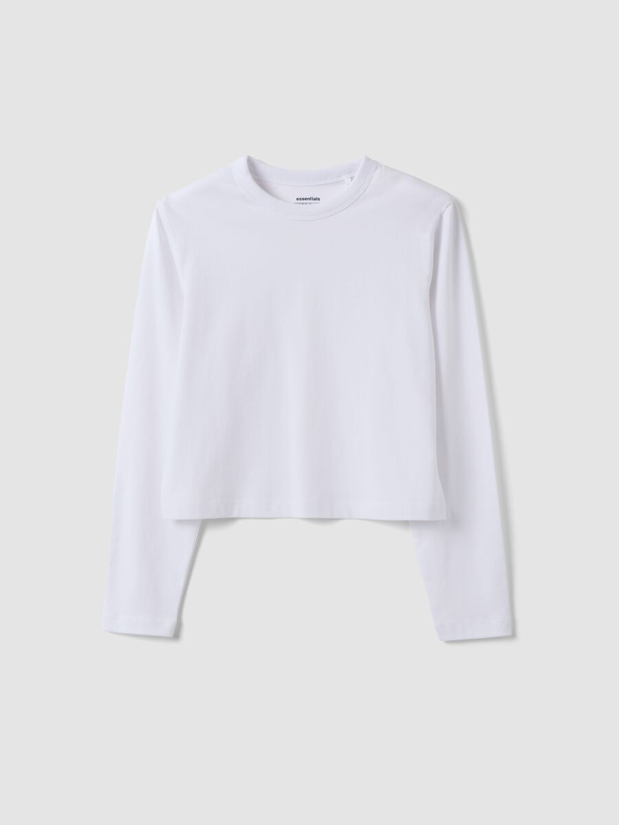 T-shirt bianca in puro cotone con collo a costine per ragazza_4