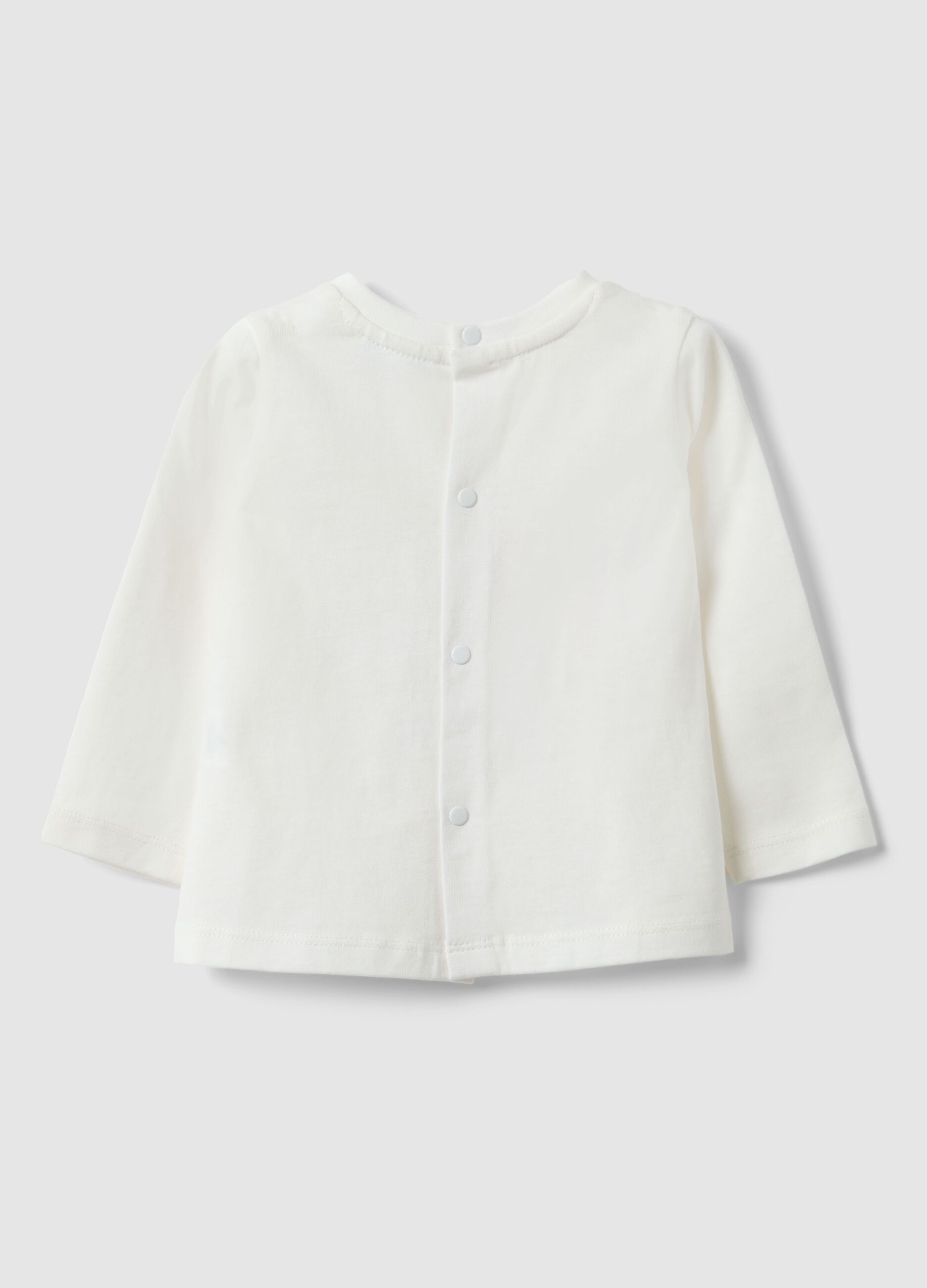 White cotton-blend baby T-shirt with teddy bear print, regular fit