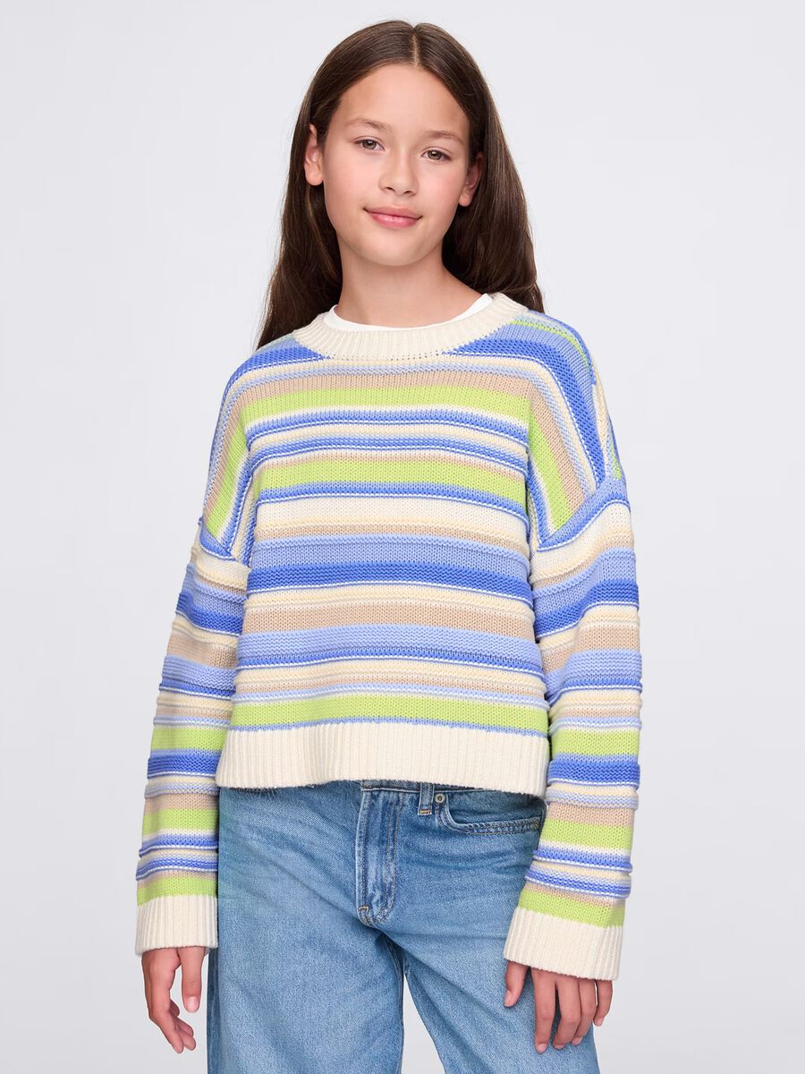 Green and light blue pullover in striped cotton_0