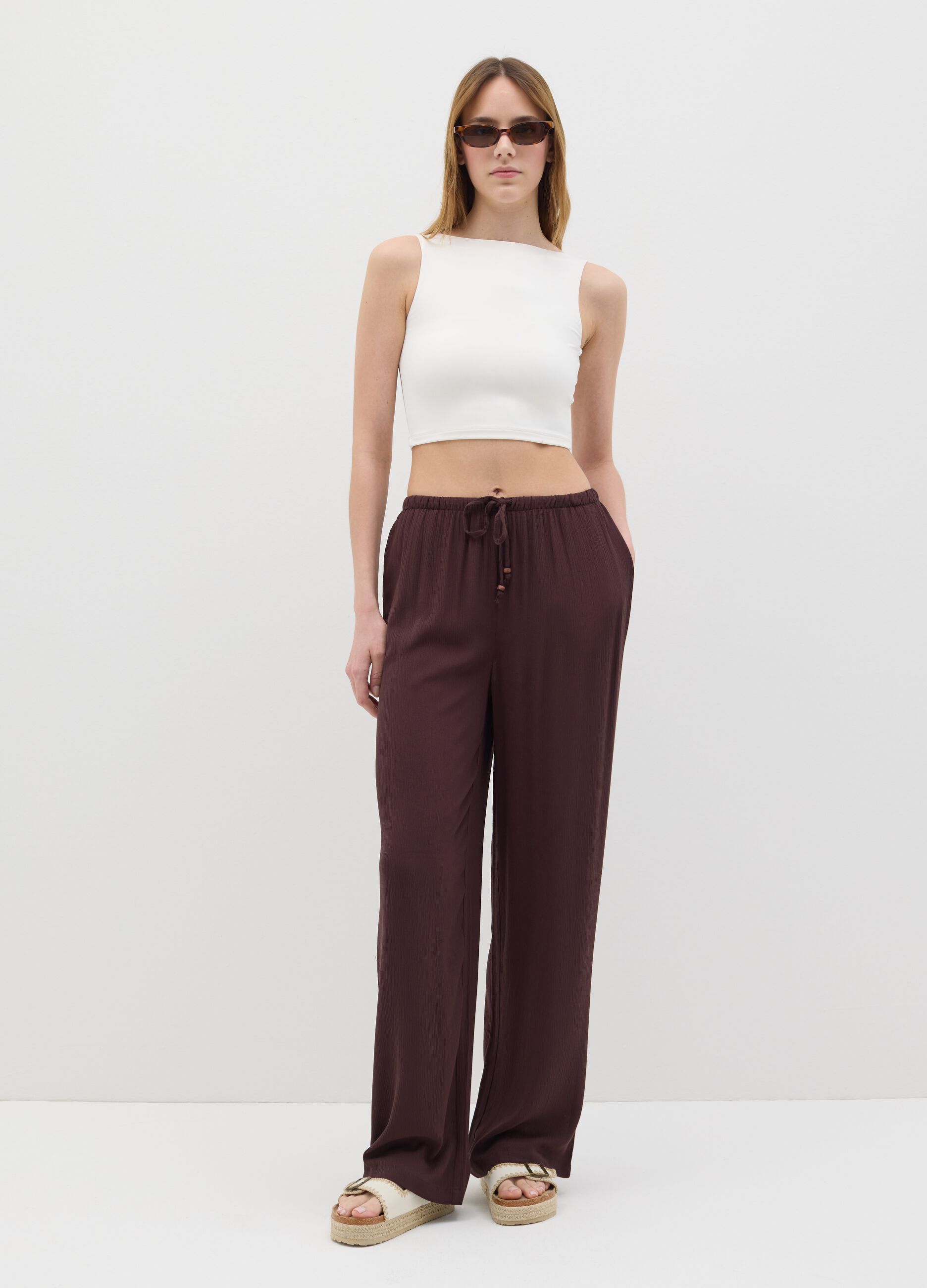 Women's brown relaxed-fit trousers in 100% viscose