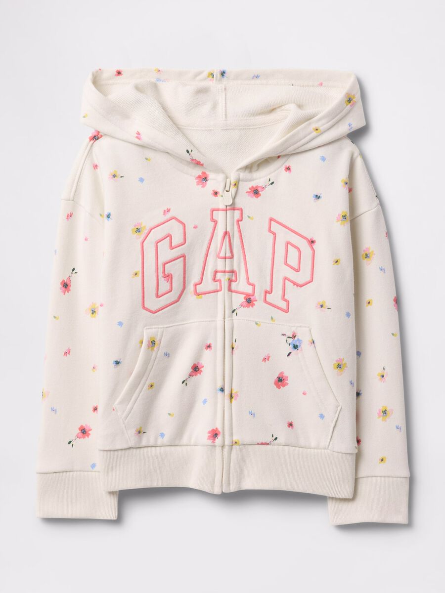 White full-zip sweatshirt with hood, flowers print and logo embroidery_0