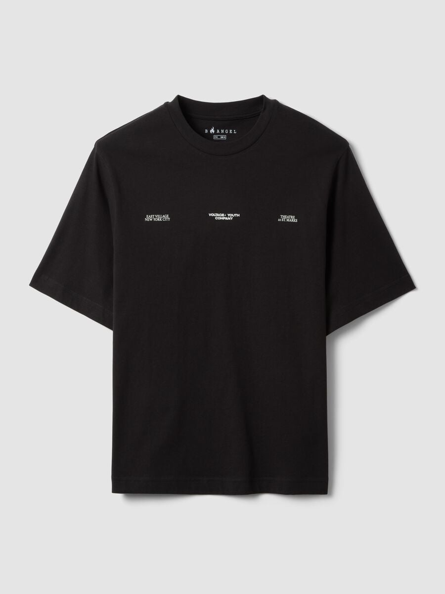 T-shirt nera in puro cotone con stampa frontale_0