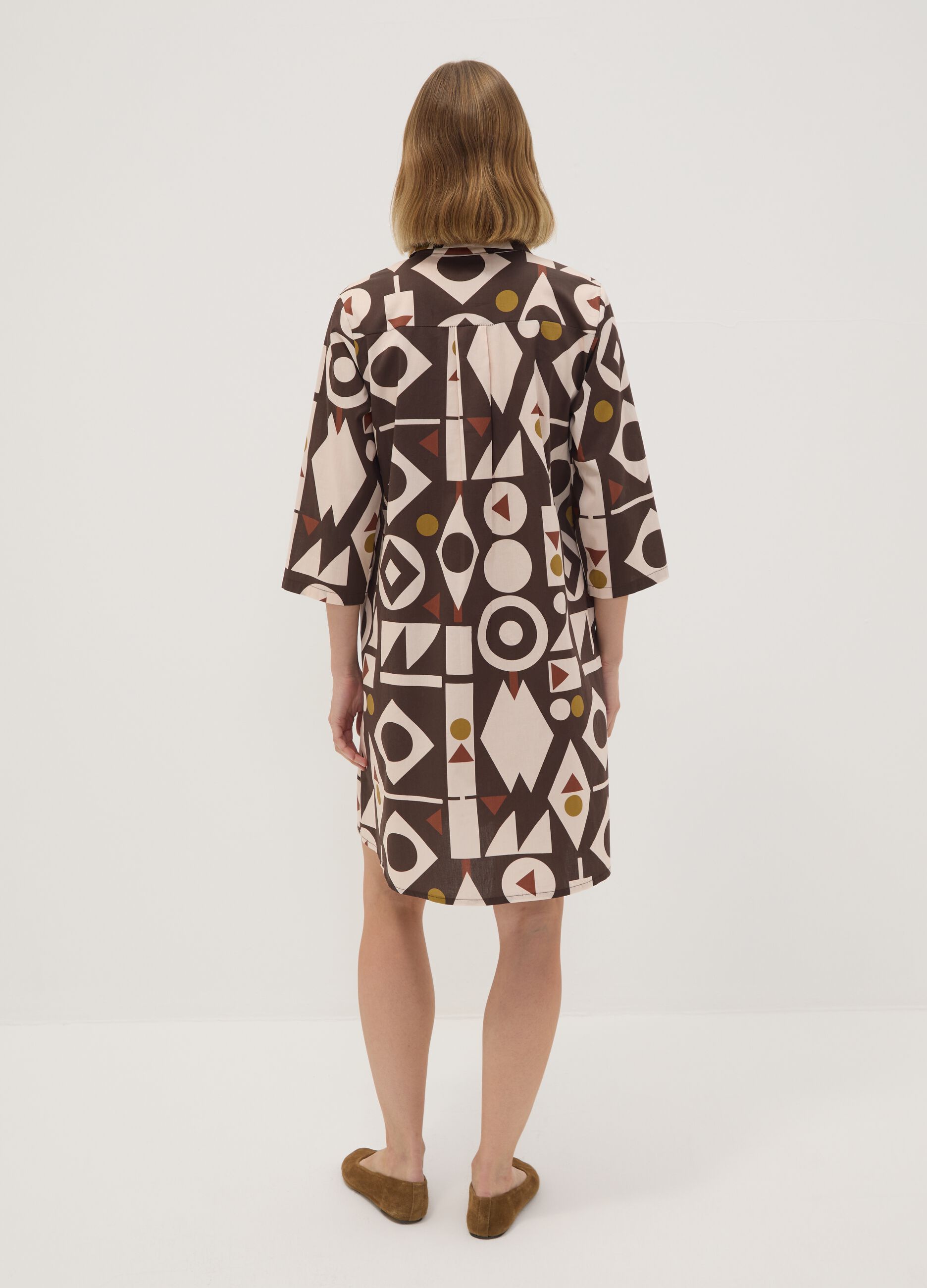 Brown stretch-cotton dress with geometric pattern, regular fit