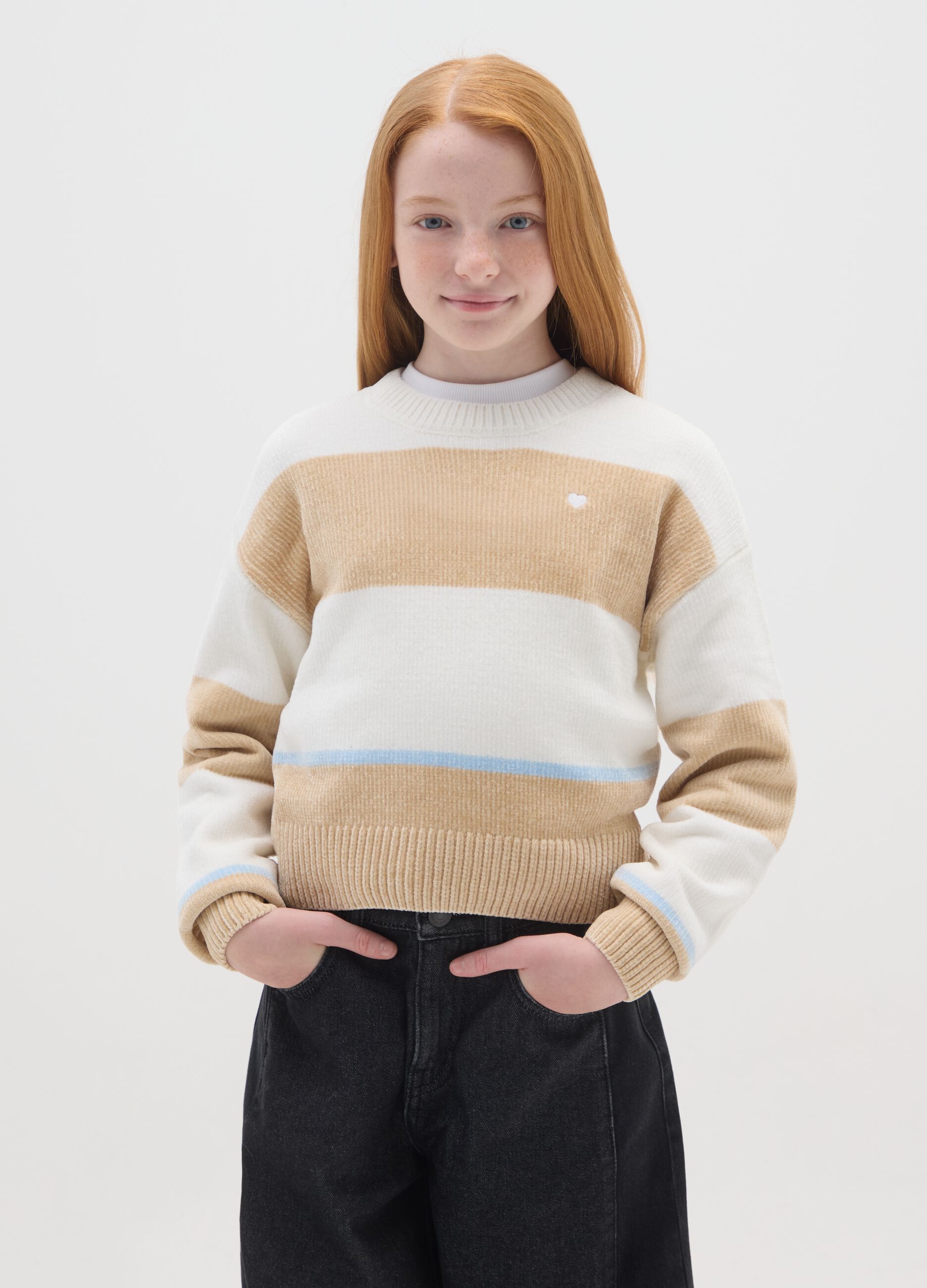 Girls' Regular Fit Multicoloured Striped Crew Neck Jumper