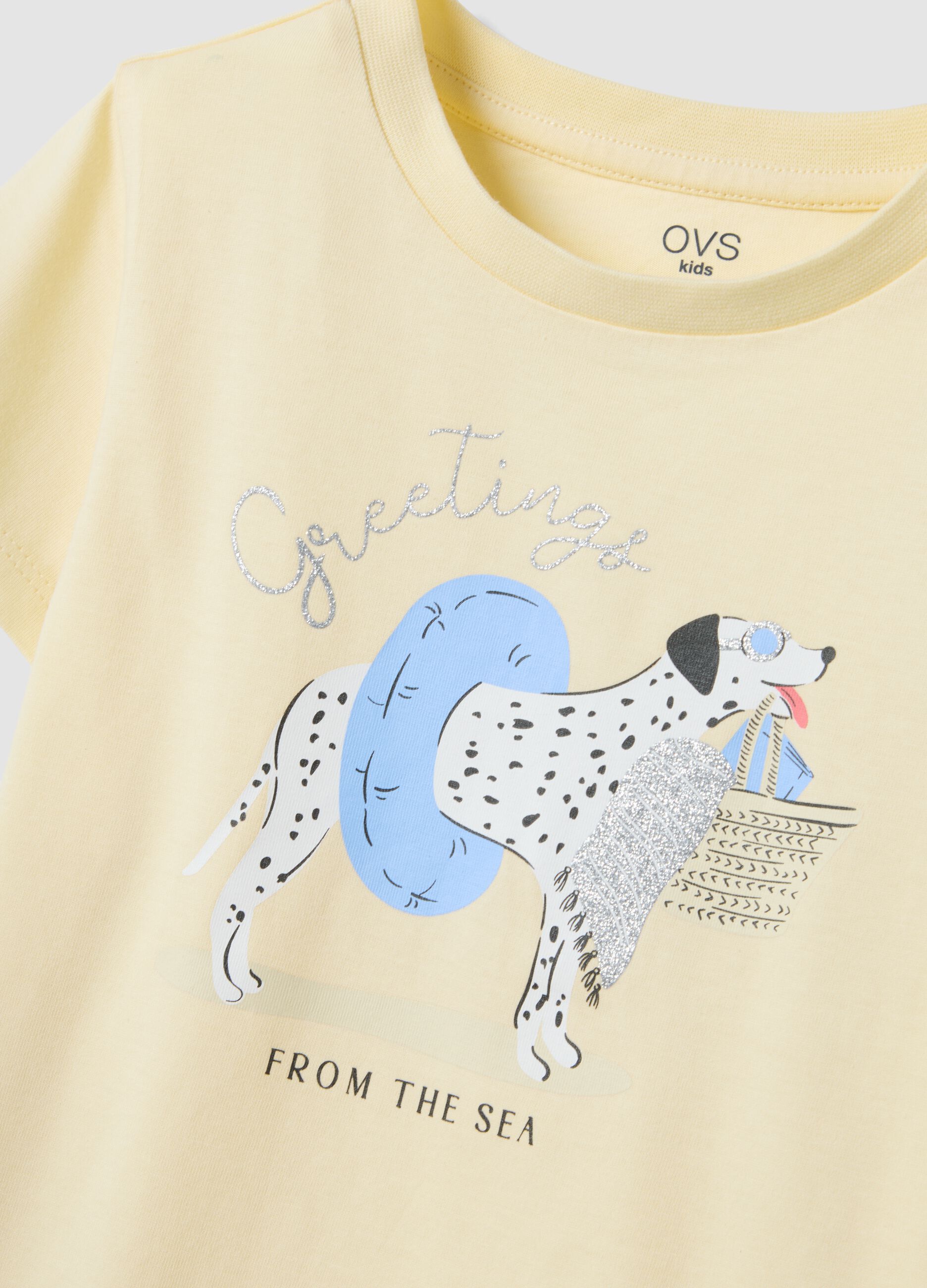 Girls&rsquo; yellow pure organic cotton T-shirt with print and glitter