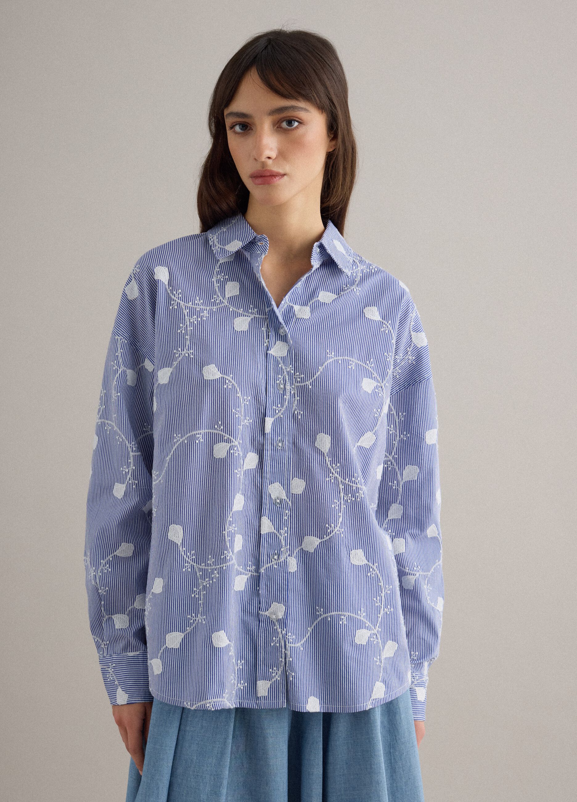 Sky blue pure cotton floral regular fit shirt