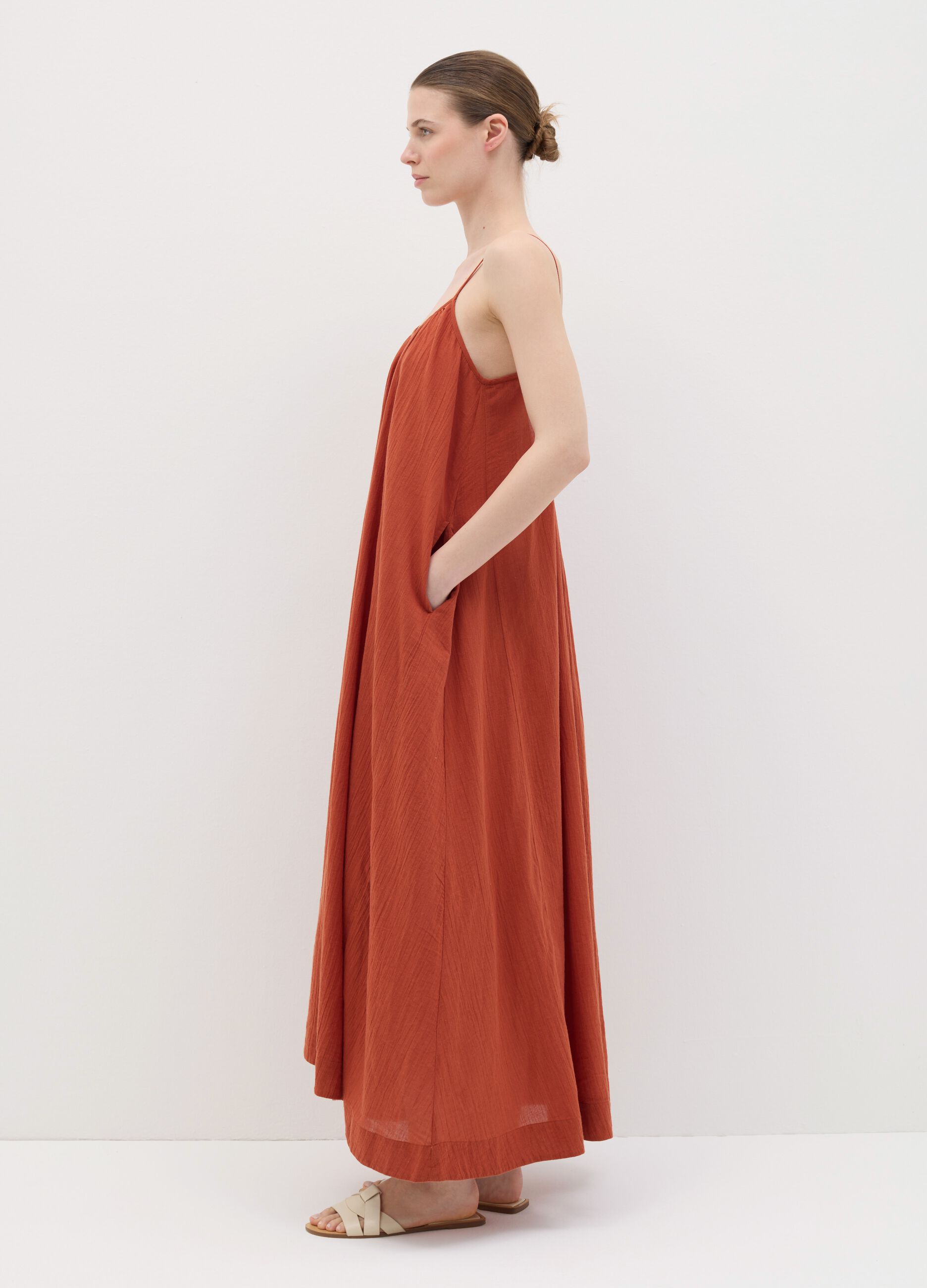 Women's orange full-length sleeveless dress in 100% cotton