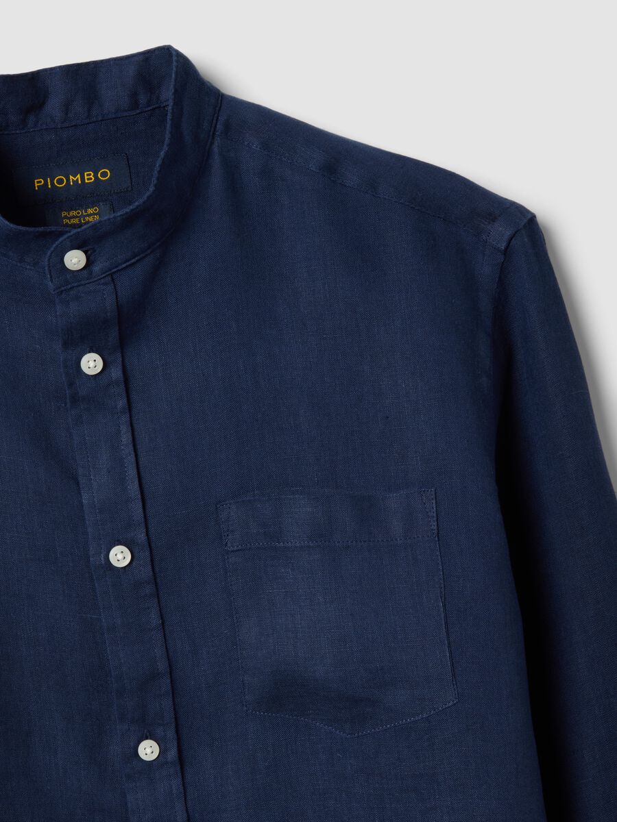 Camicia blu in puro lino con collo coreano regular fit_5