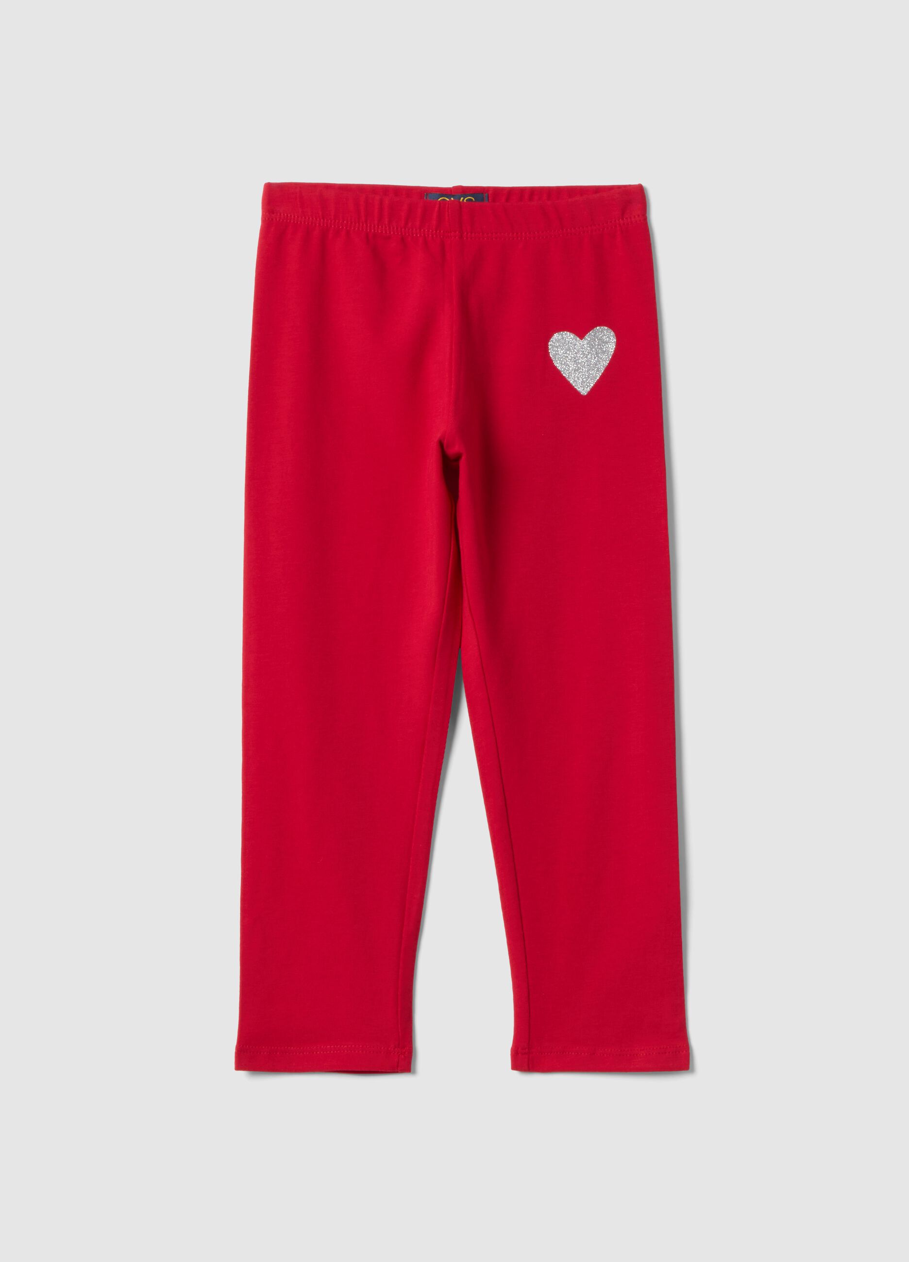 Girl's red stretch cotton slim fit leggings with heart