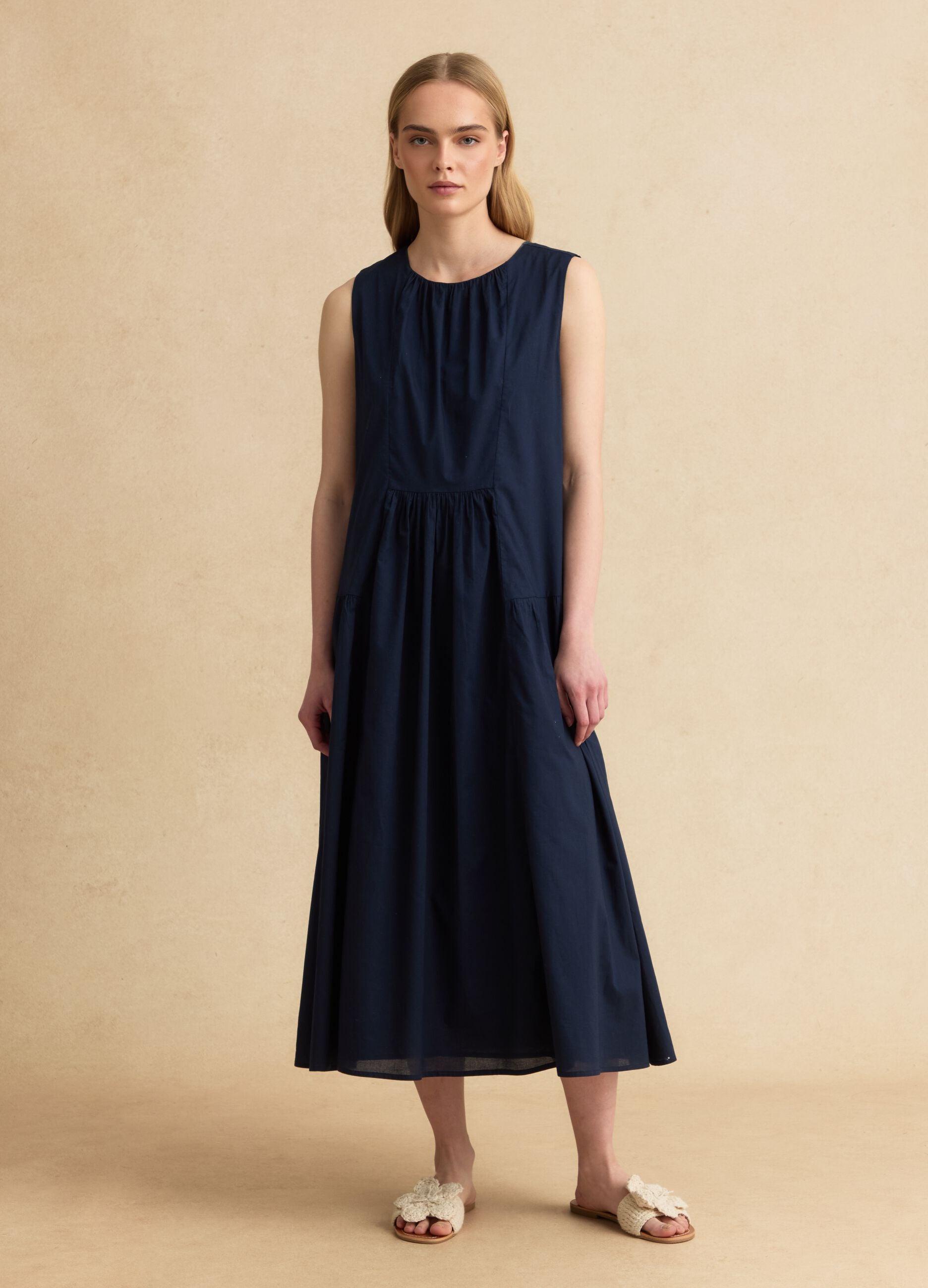 Blue pure cotton midi dress, regular fit with ruching