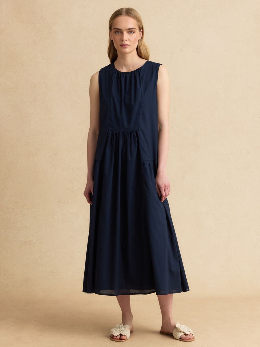 Abito midi blu in puro cotone regular fit con arricciature_0