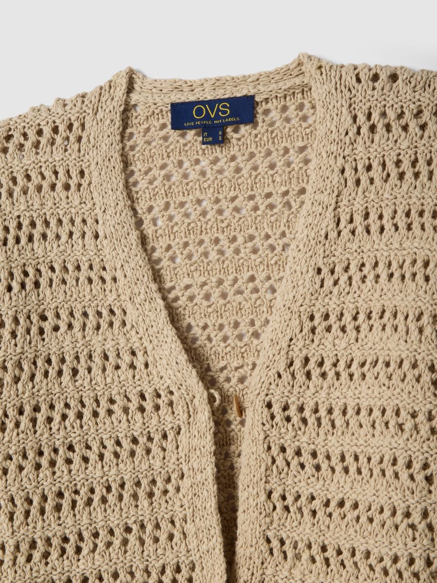 Beige pure cotton cardigan regular fit with openwork design_5