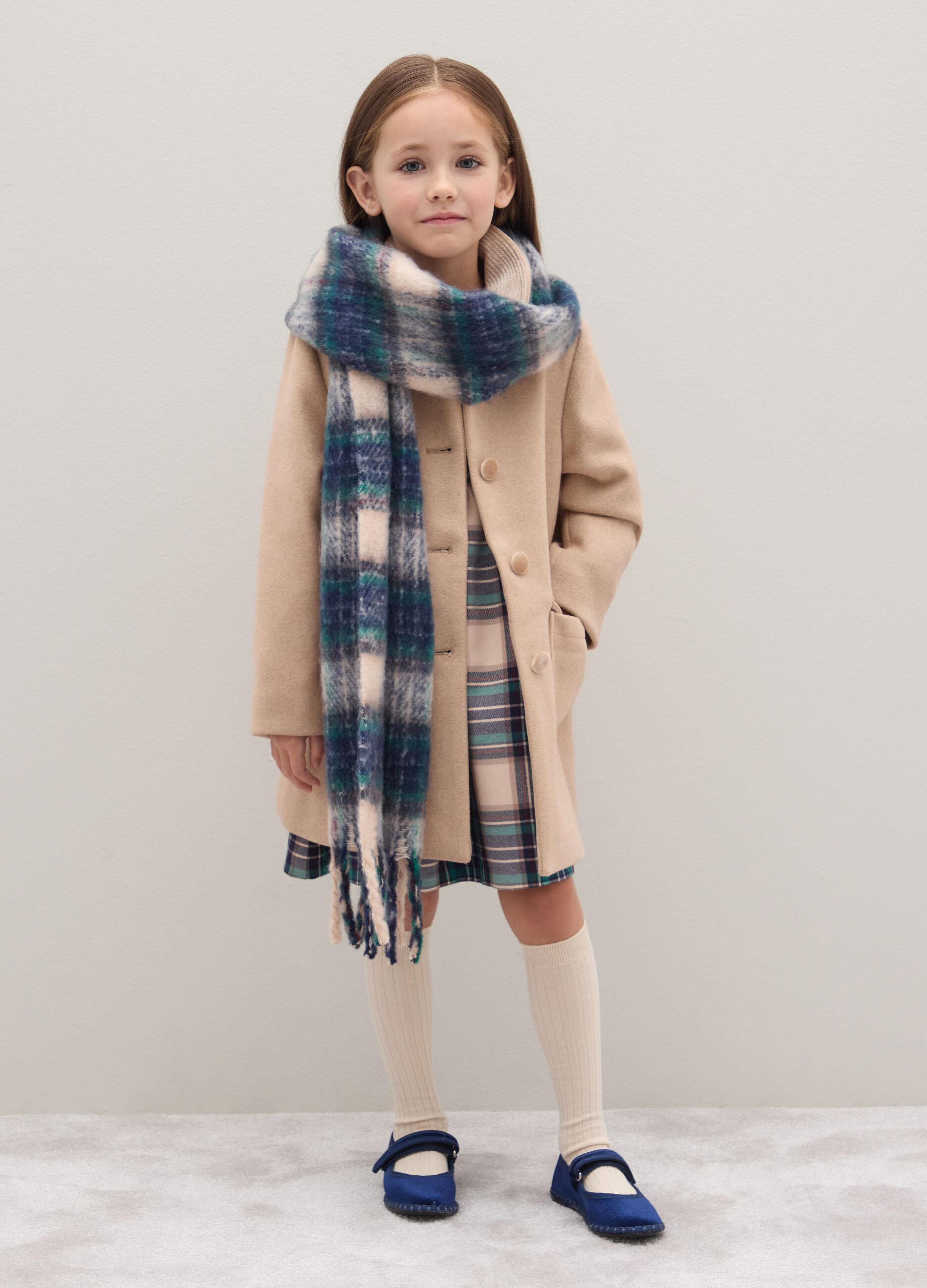 Girls' beige regular fit coat with buttons