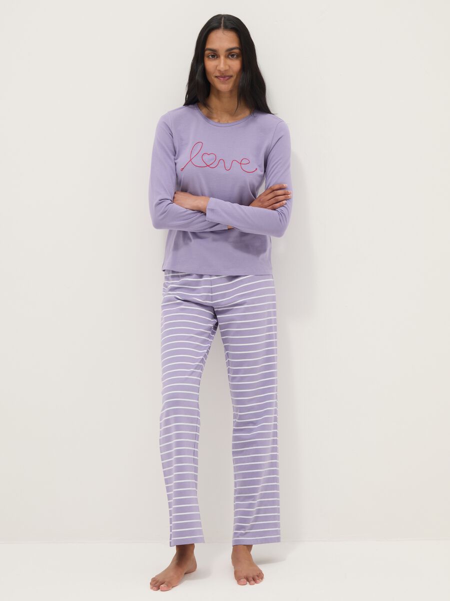 Purple striped pure cotton pyjamas with regular fit and embroidery_0