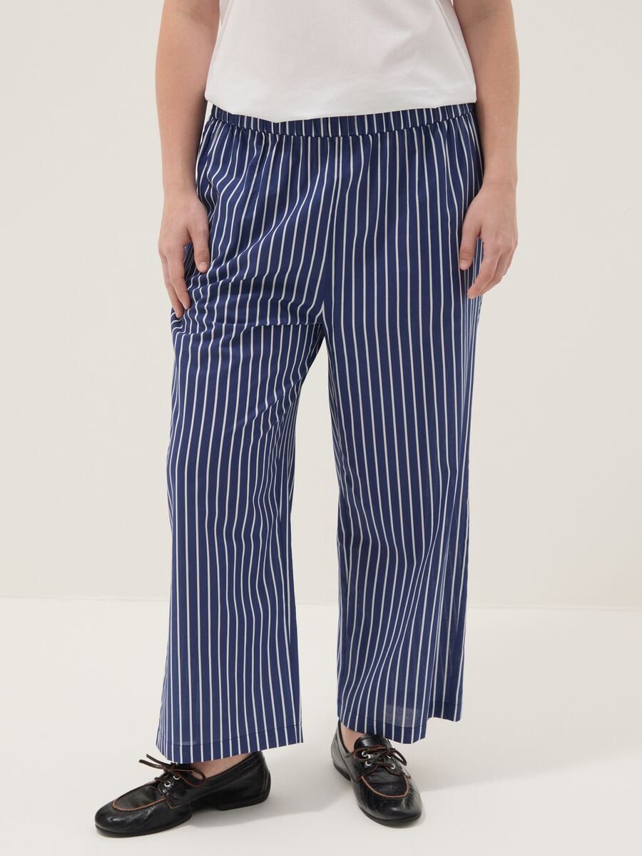 Pantaloni blu a righe in puro cotone wide leg_1