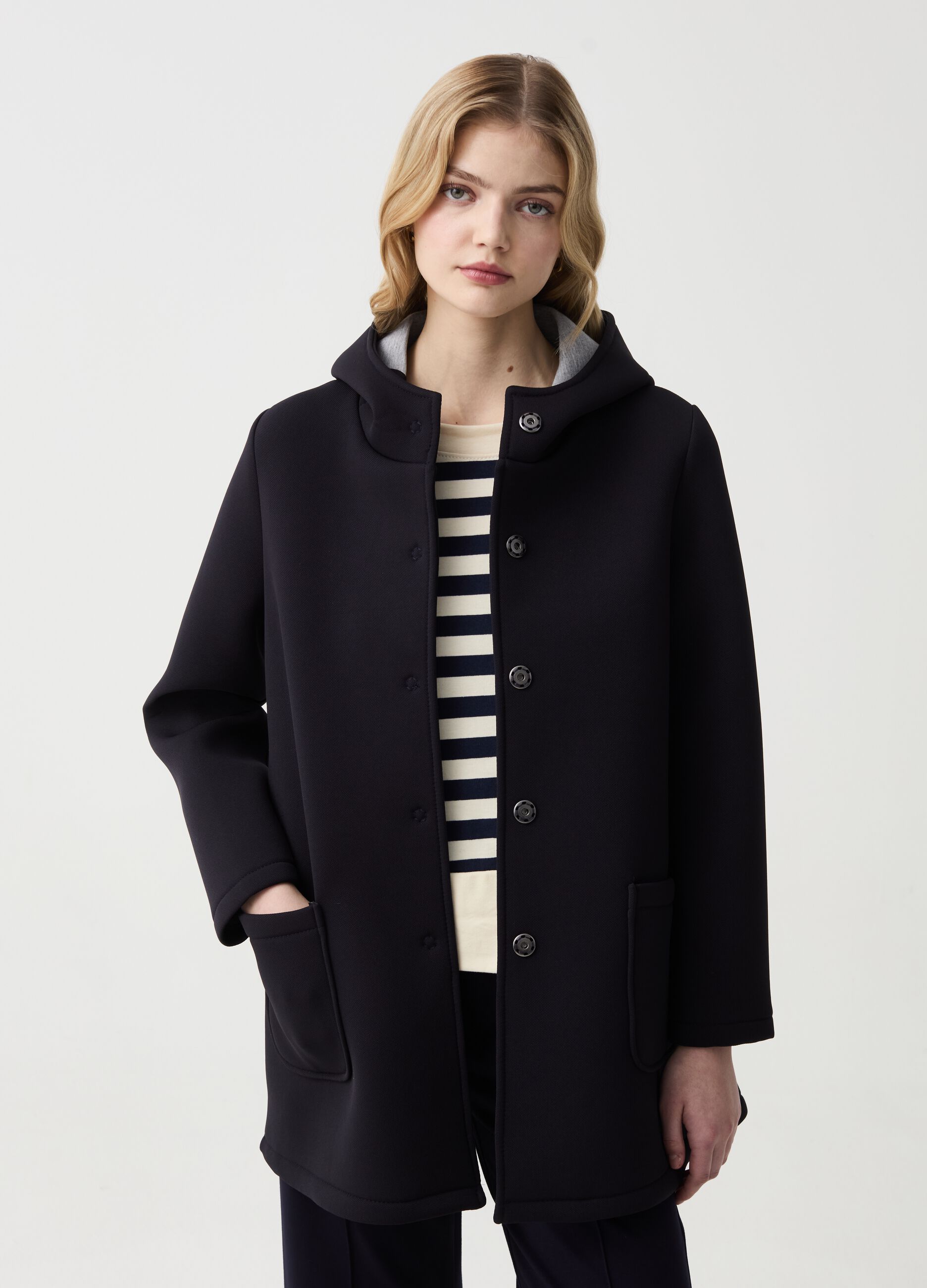 Long jacket with buttons and hood