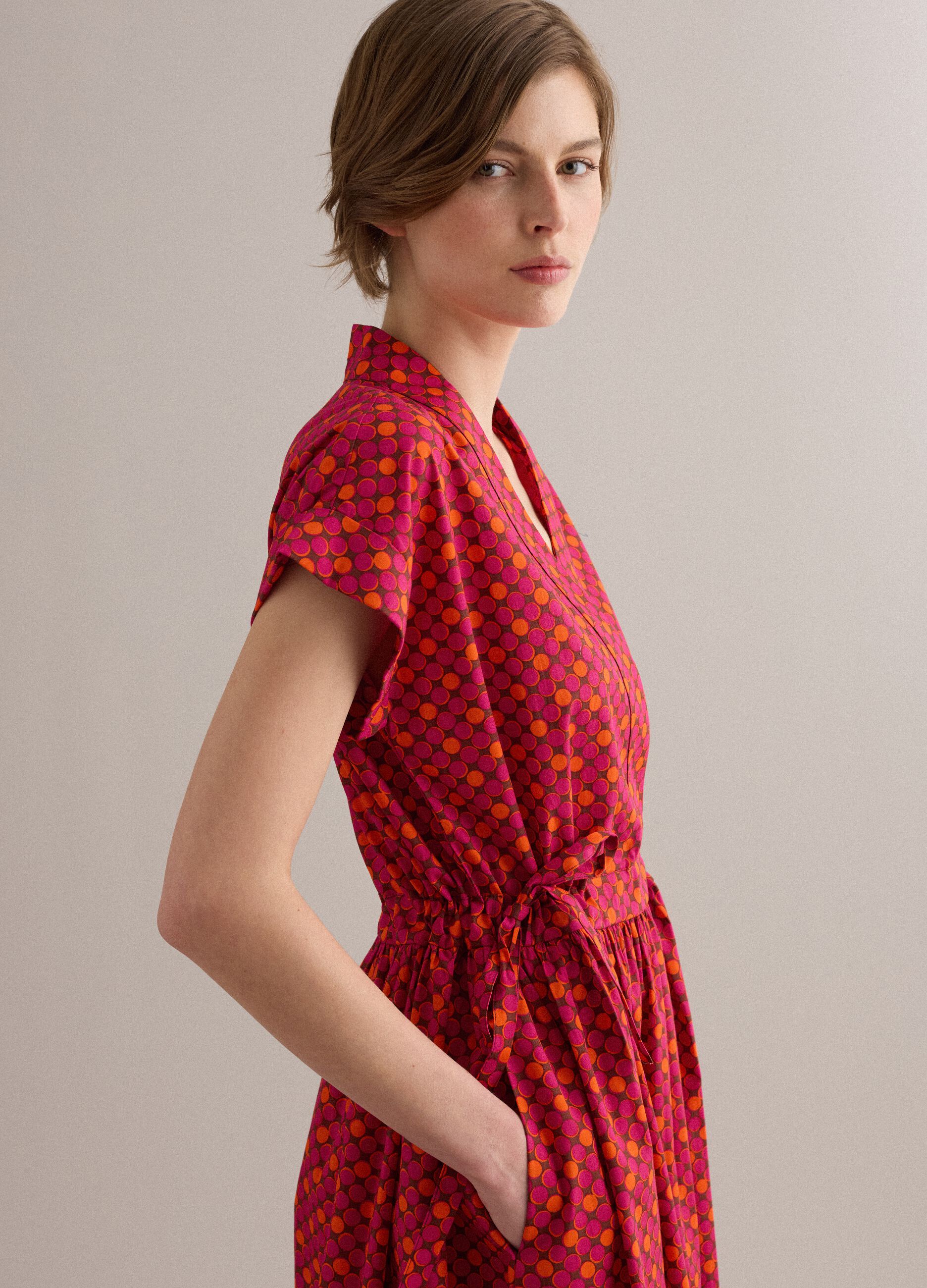 Red pure cotton midi dress with printed pattern