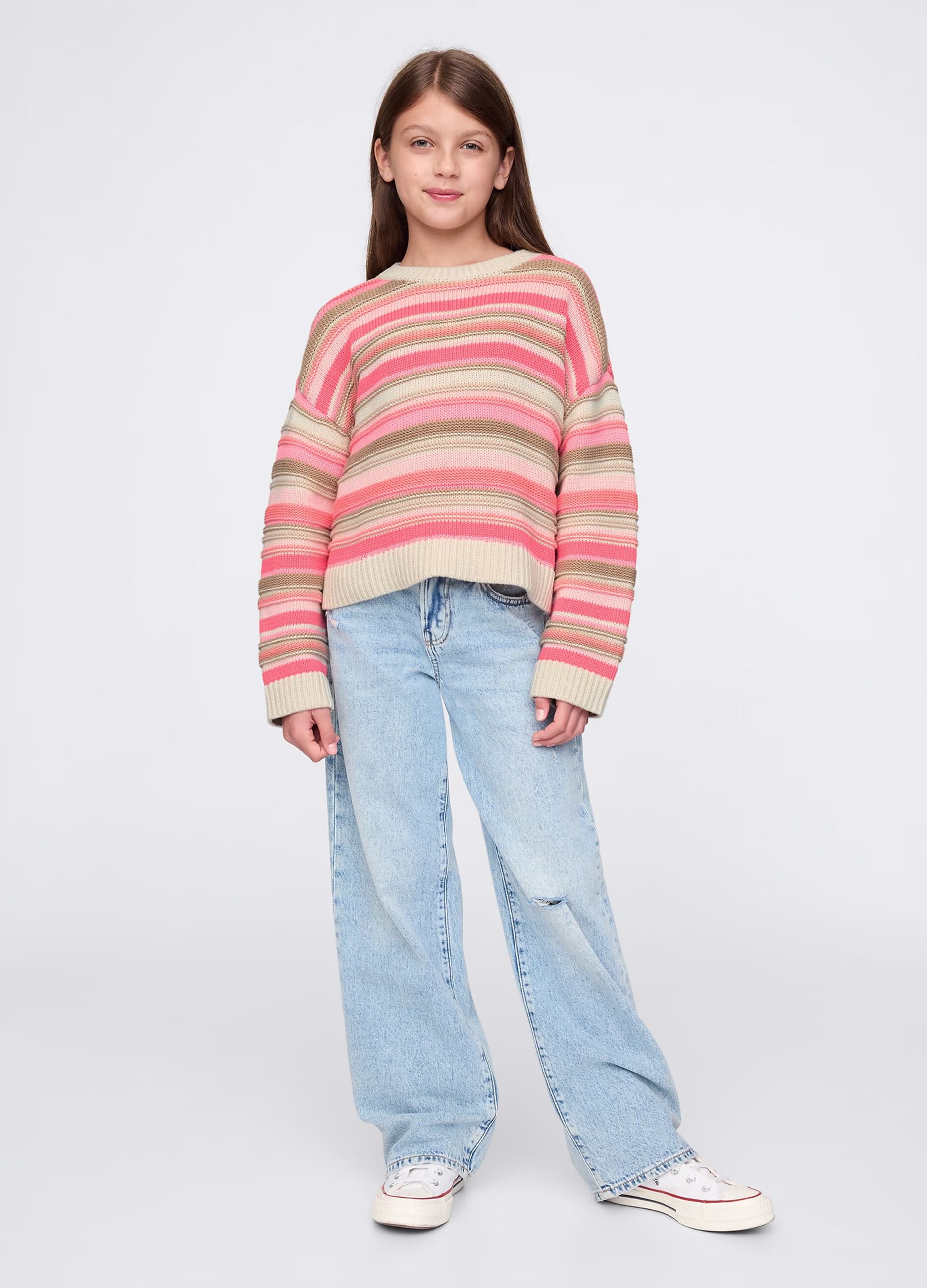 Pink and beige pullover in striped cotton