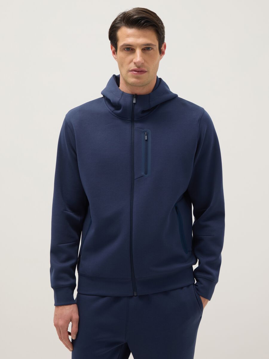Blue Regular Fit Hooded Sweatshirt with Front Zip Neck_0