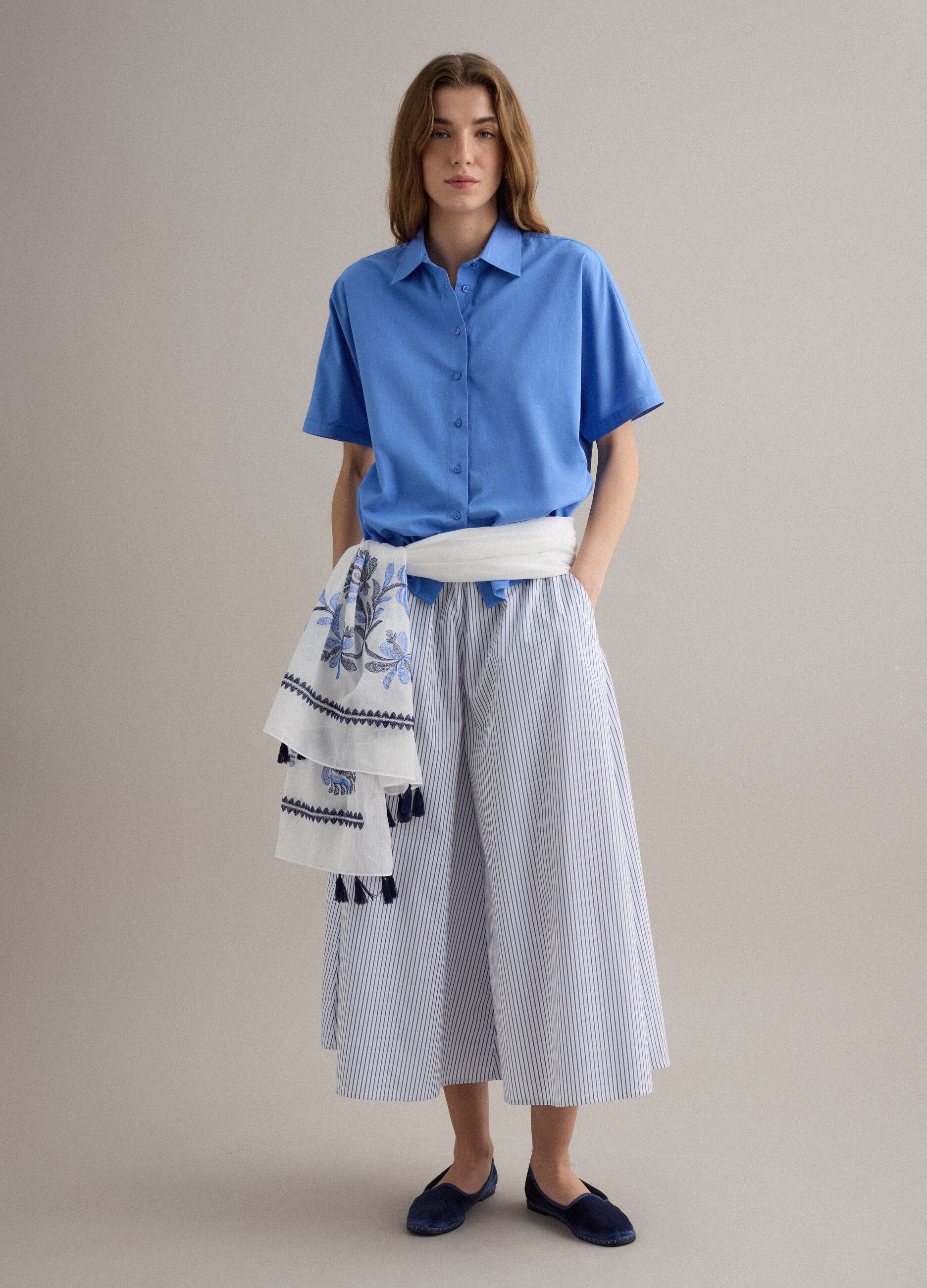 White pure cotton scarf with blue floral embroidery