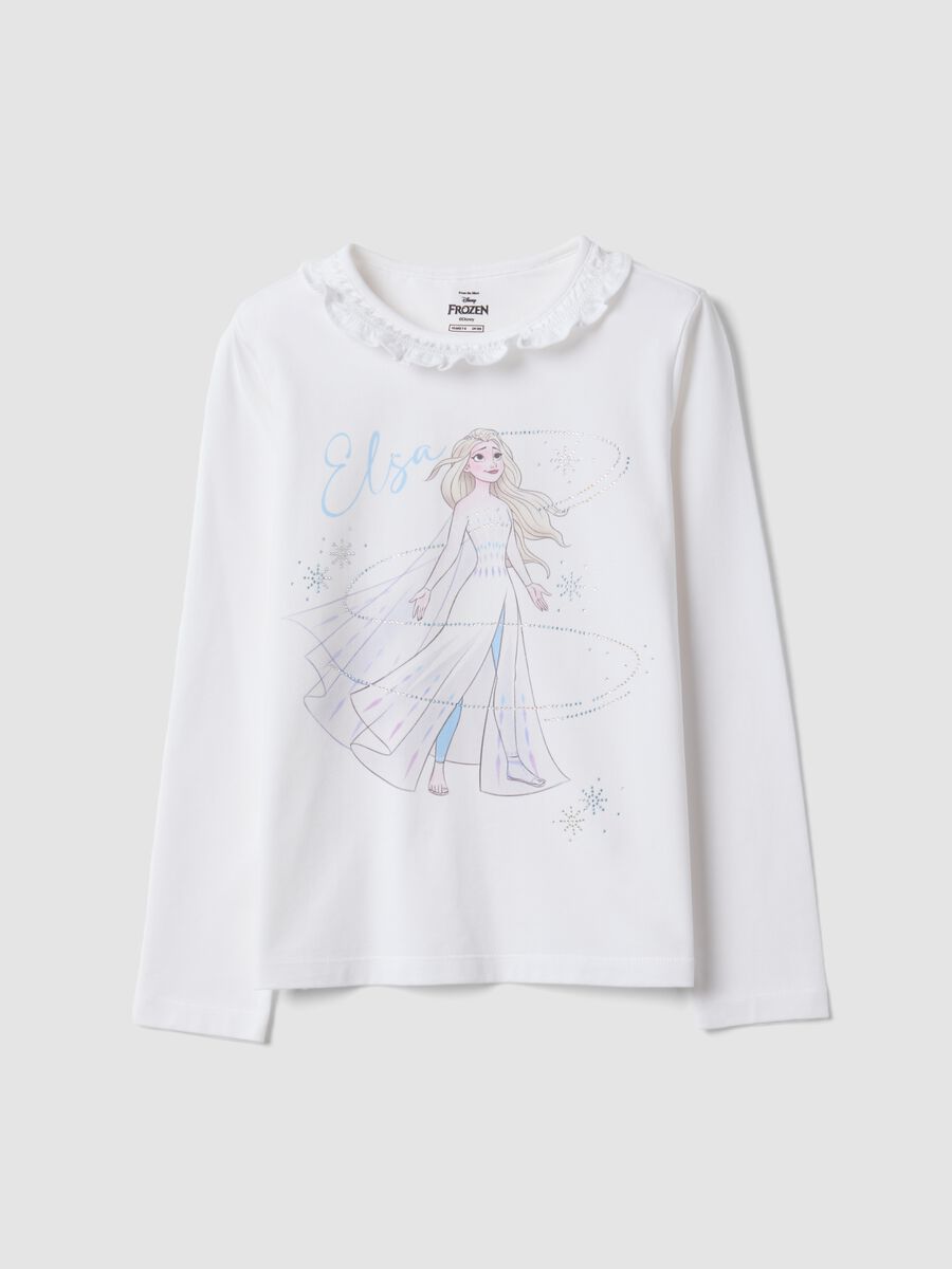 White stretch cotton T-shirt with ruffle neck and Frozen print for girls_0