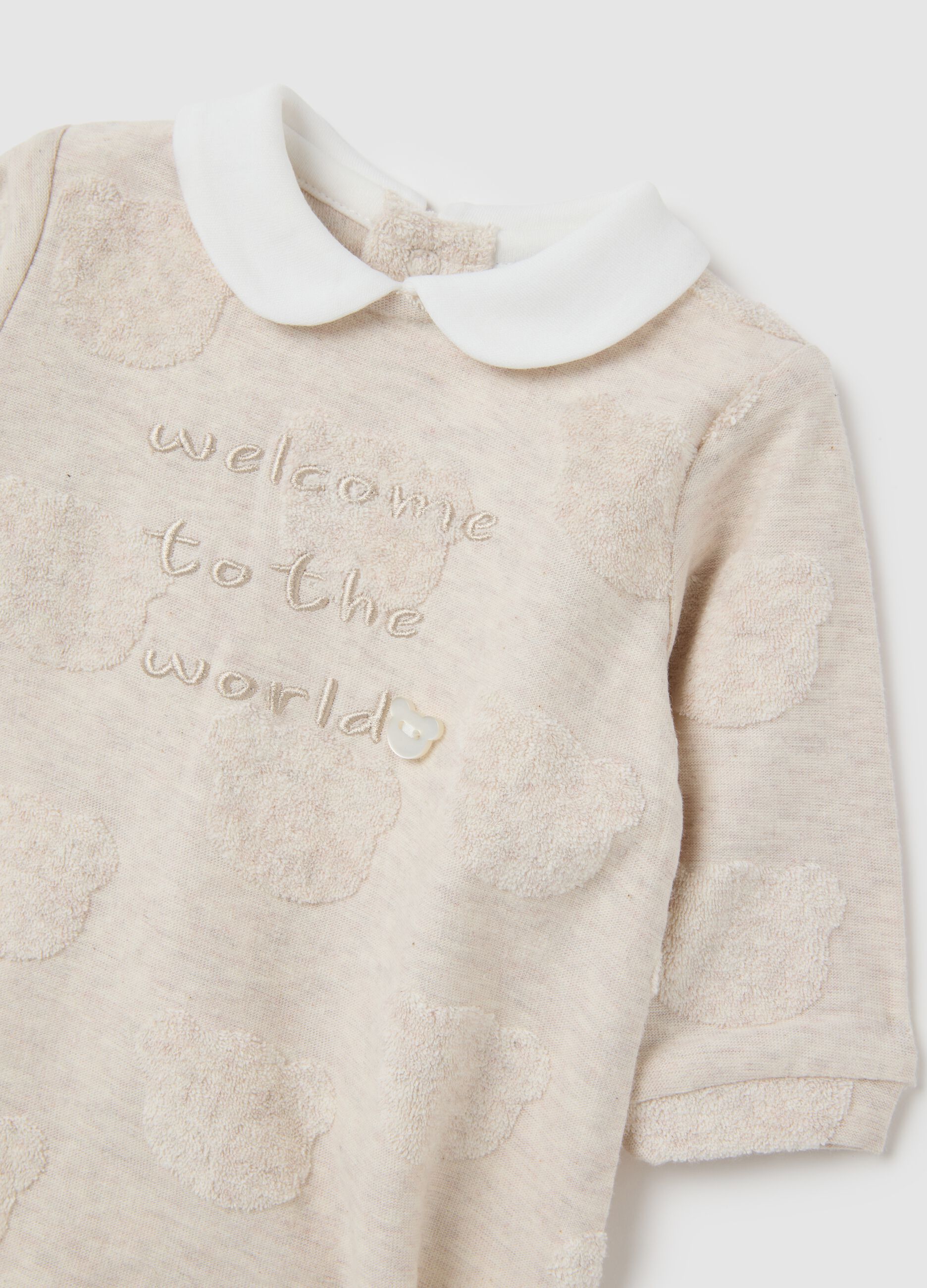 Baby bodysuit in pure beige cotton with collar