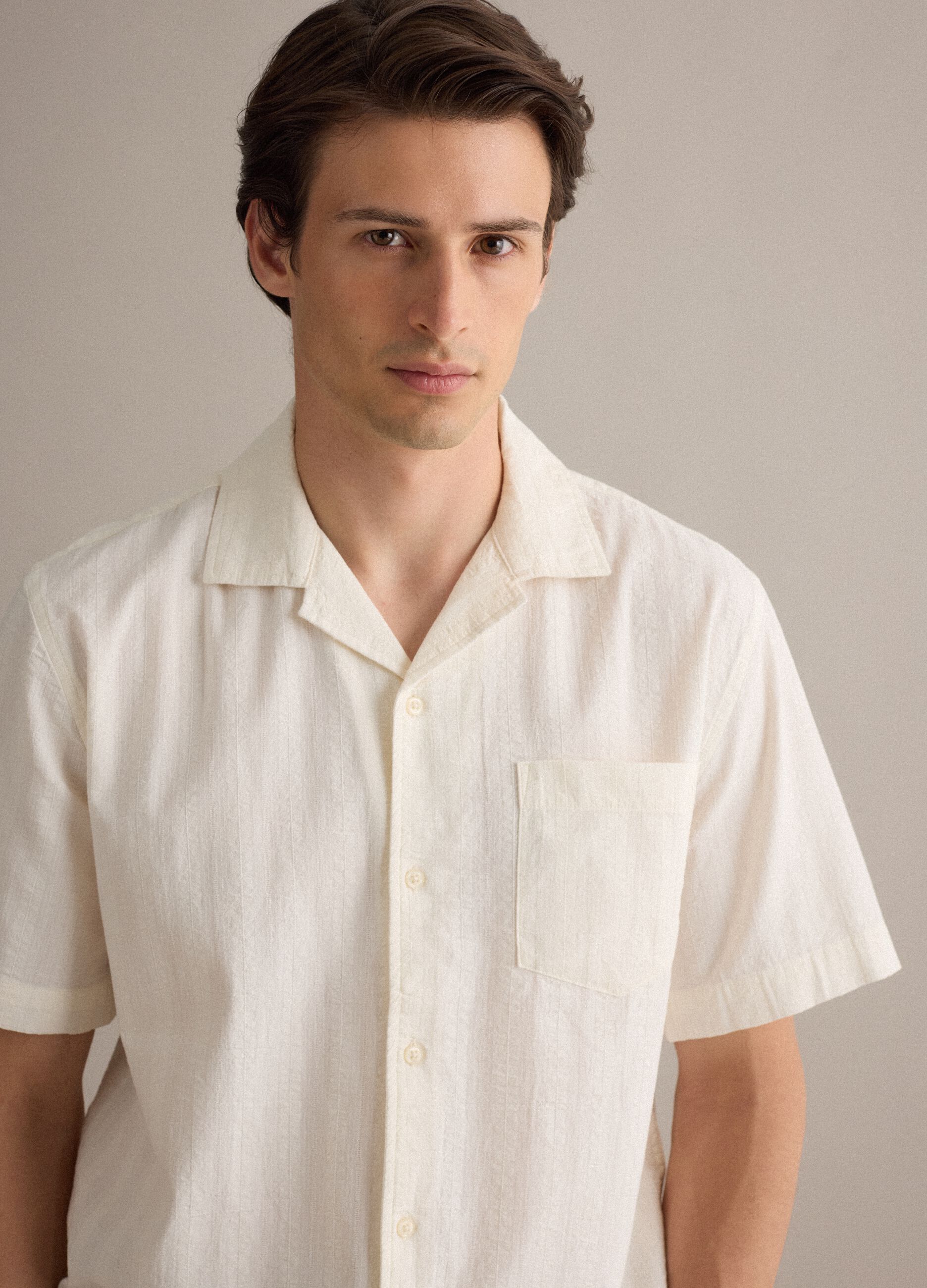 White pure organic cotton bowling-collar shirt, regular fit