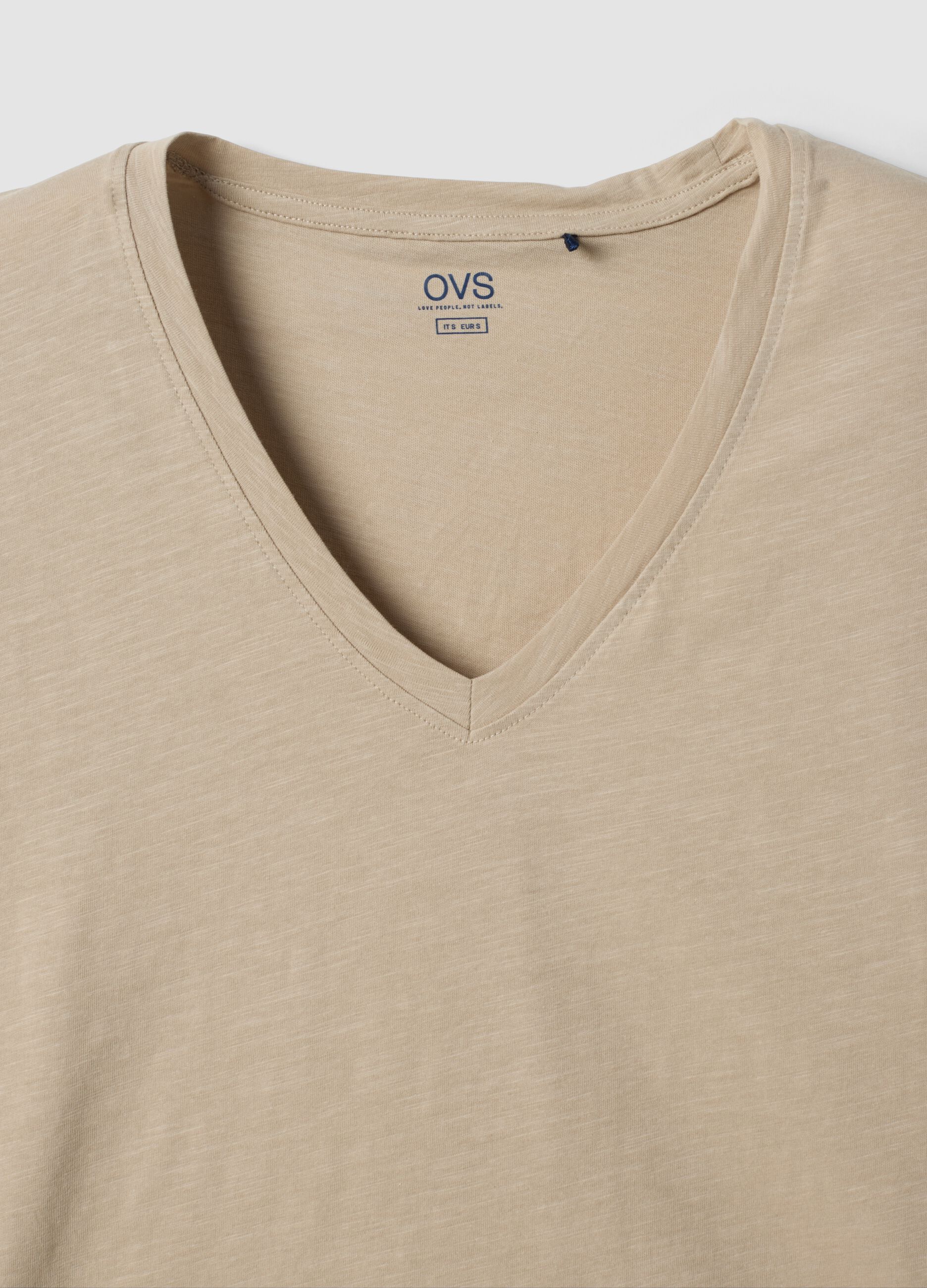 Beige pure cotton V-neck T-shirt