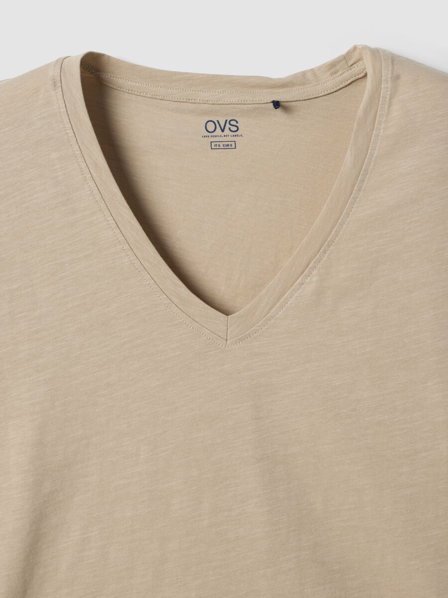 Beige pure cotton V-neck T-shirt_1