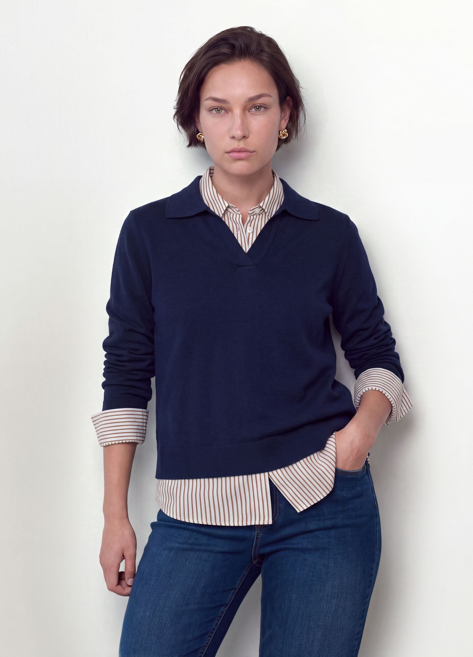 Blue viscose-blend polo-collar jumper with relaxed fit