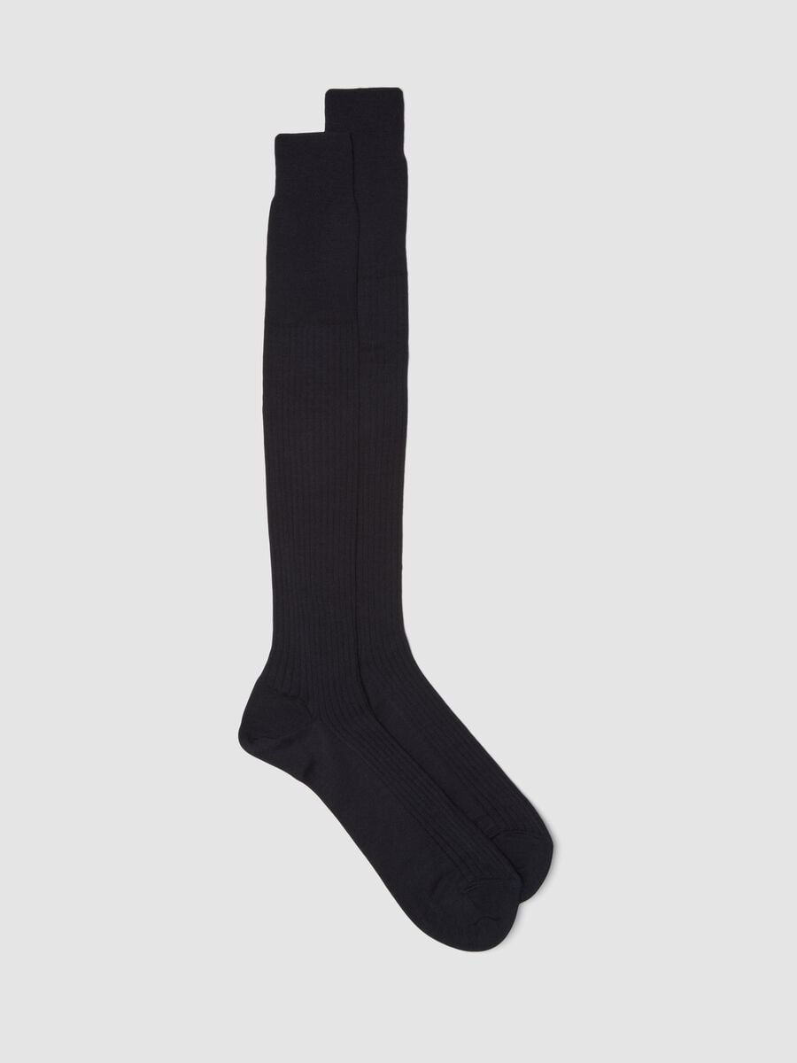 Navy blue ribbed wool-blend knee-high socks_0