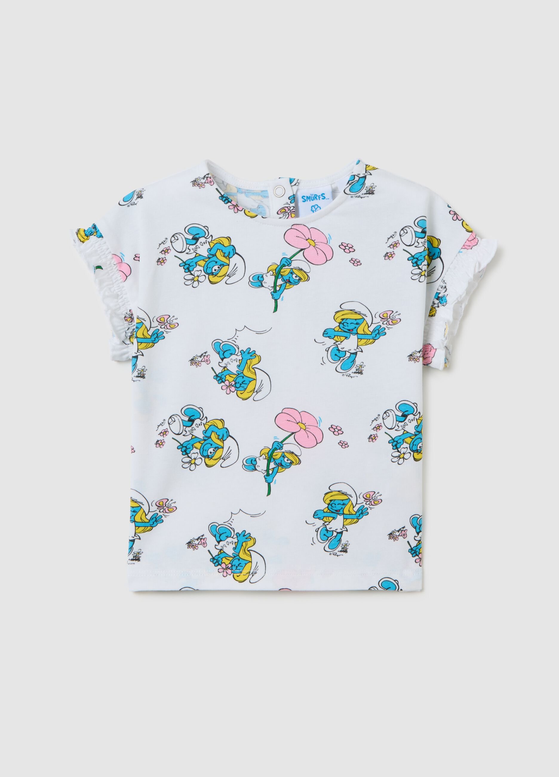 Girls' multicolour cotton regular fit T-shirt with Smurfs print