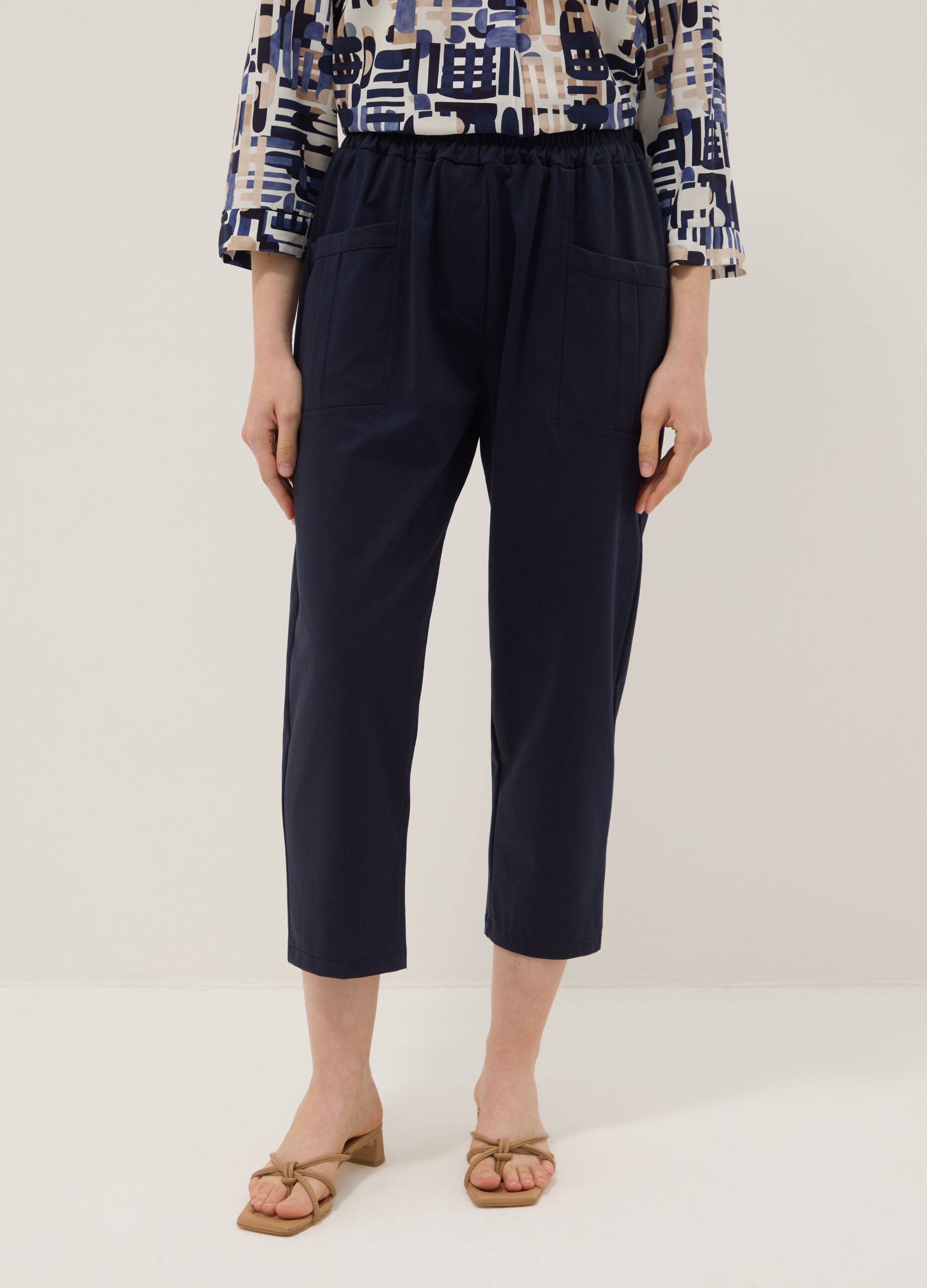 Blue stretch cotton trousers with elasticated waistband, regular fit