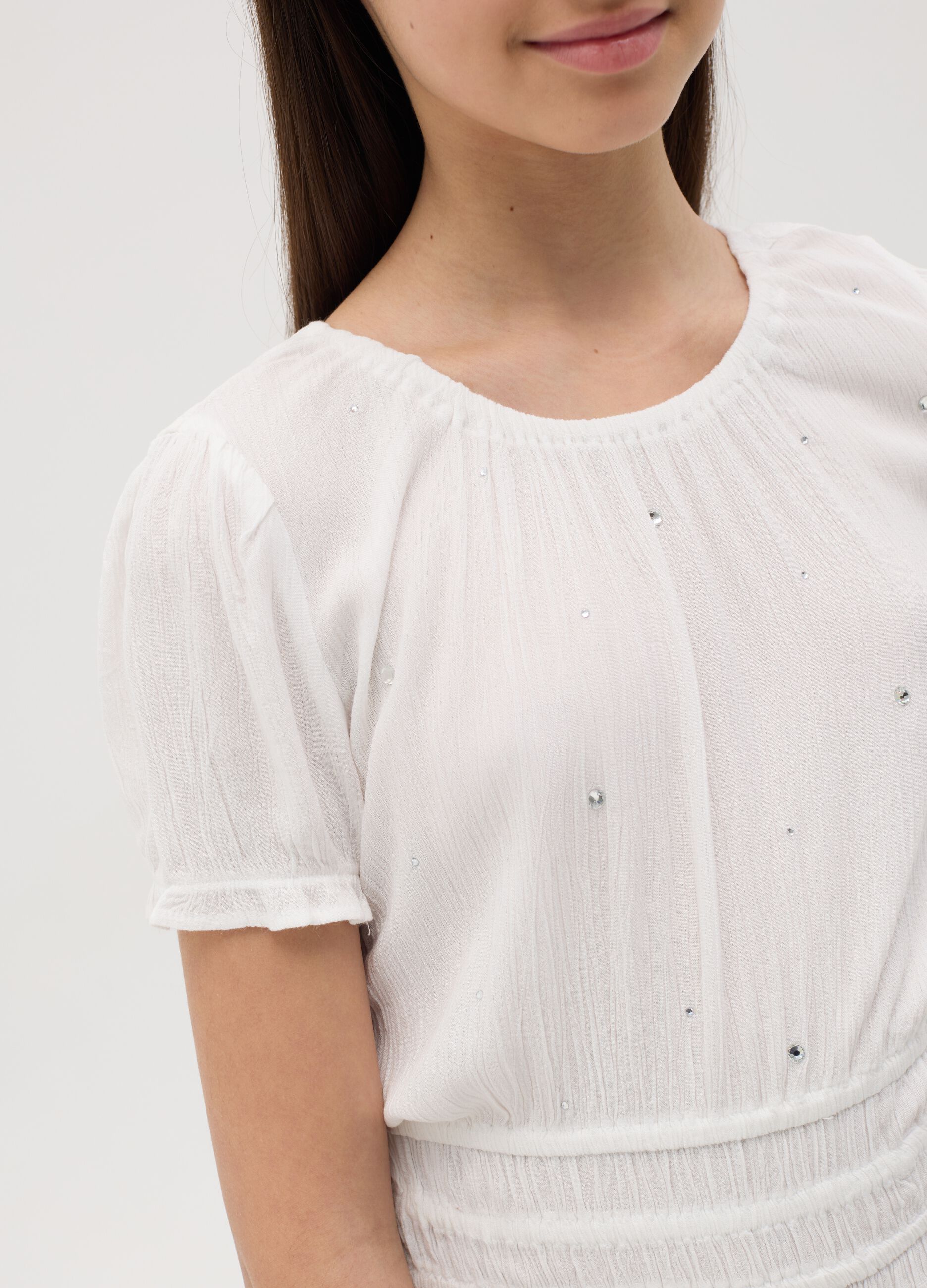 Crinkle T-shirt with frills and diamantés