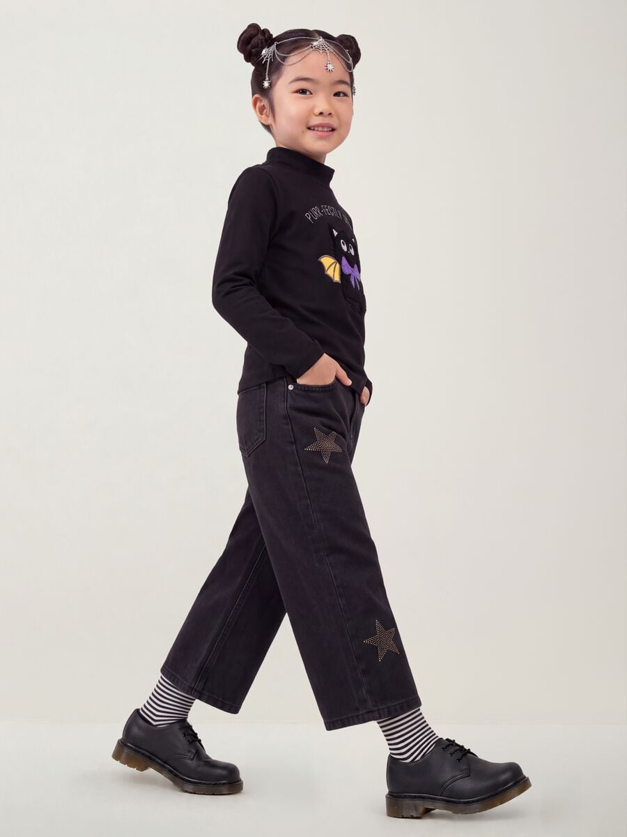 Blue pure cotton wide-leg jeans with stars_3