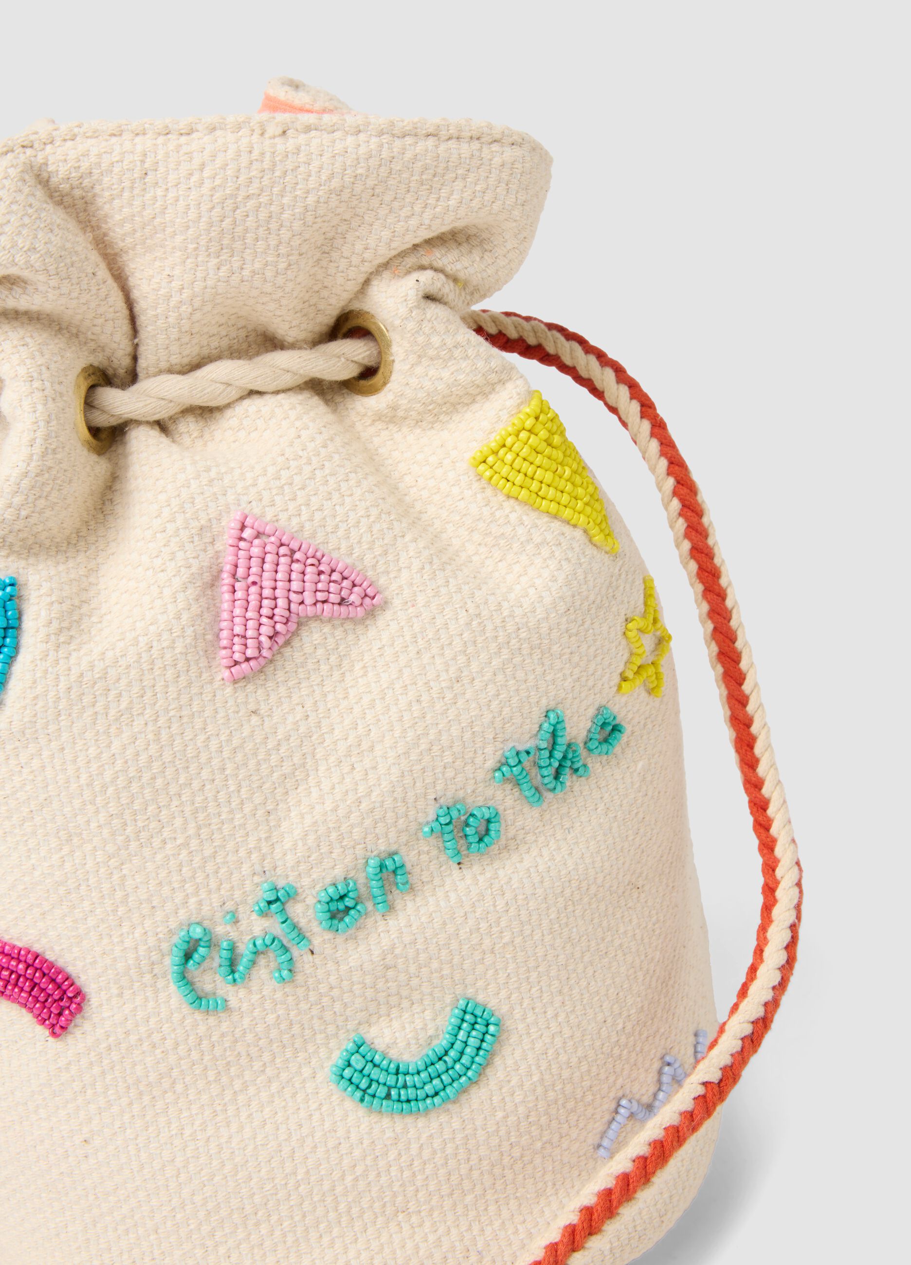 White pure cotton bucket bag with colourful crochet details