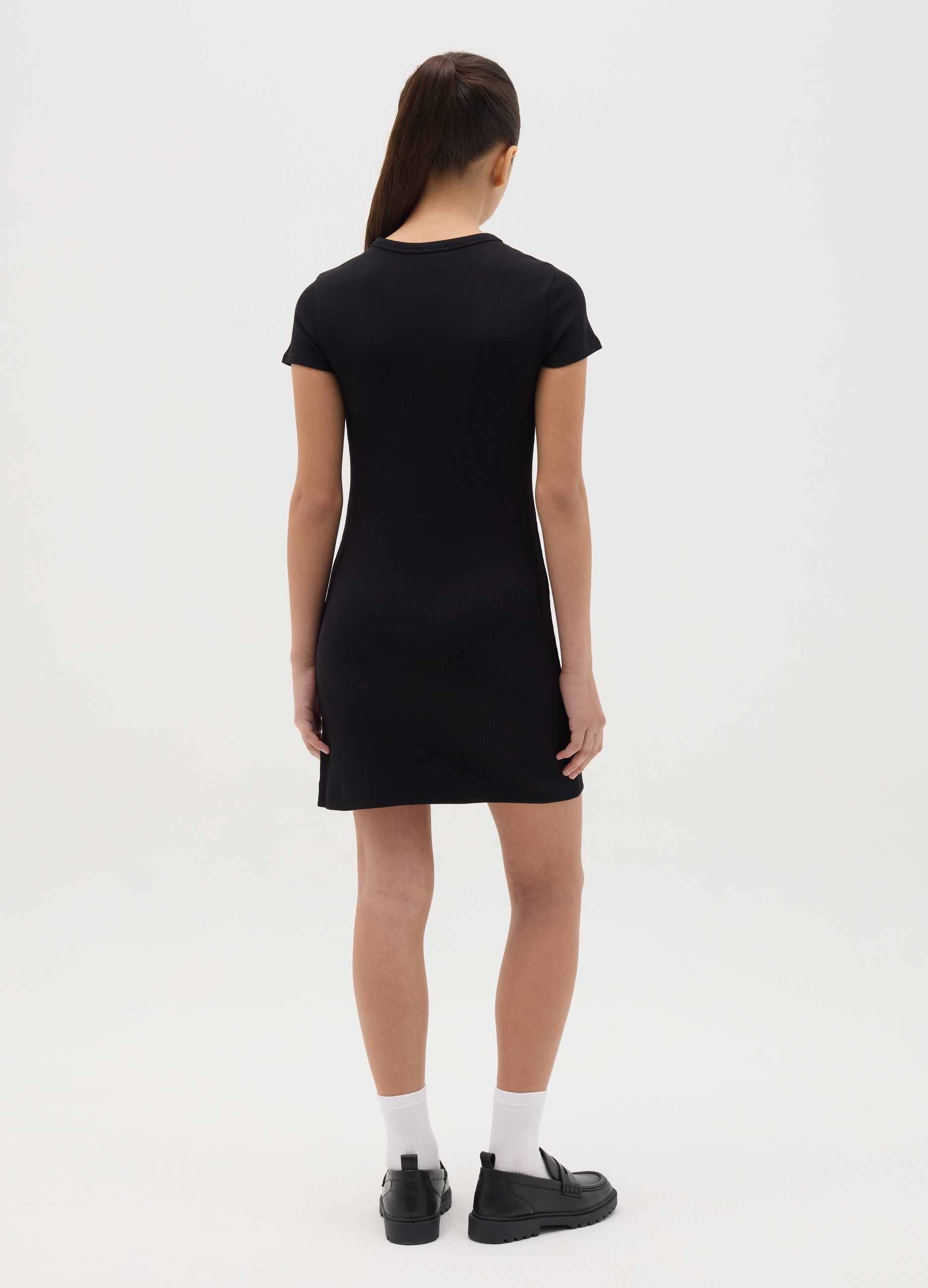 Long dress in stretch cotton with ribbing and heart