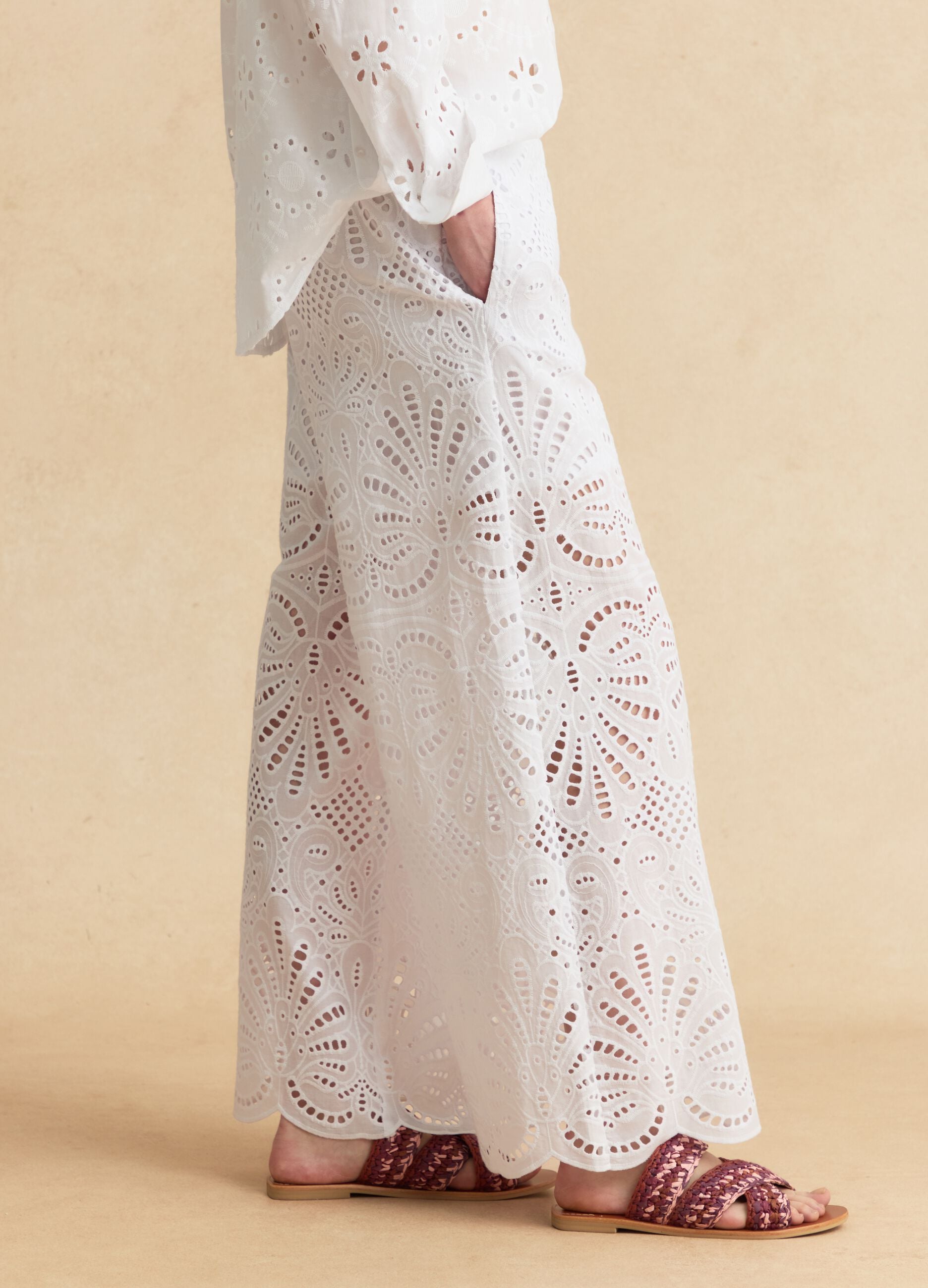 White pure cotton broderie anglaise palazzo trousers