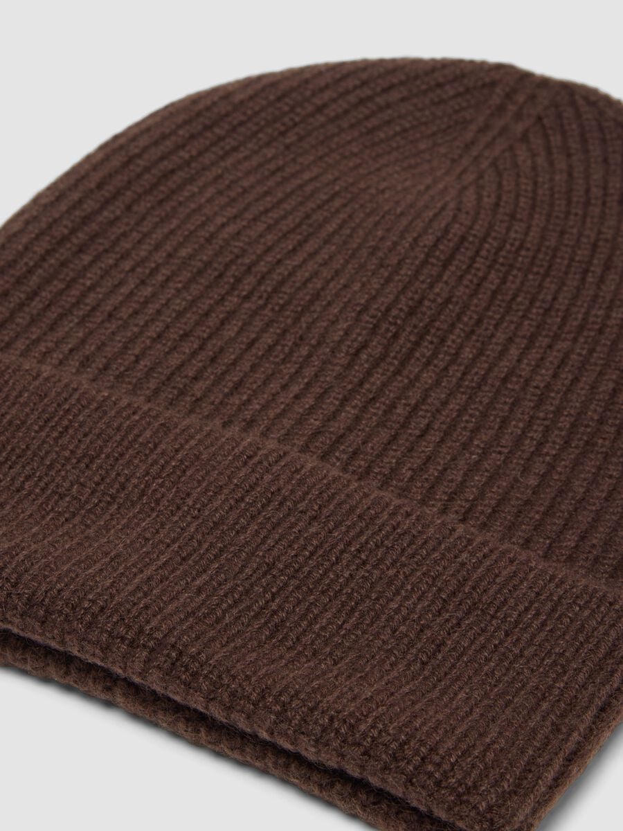Brown ribbed pure cashmere beanie_1
