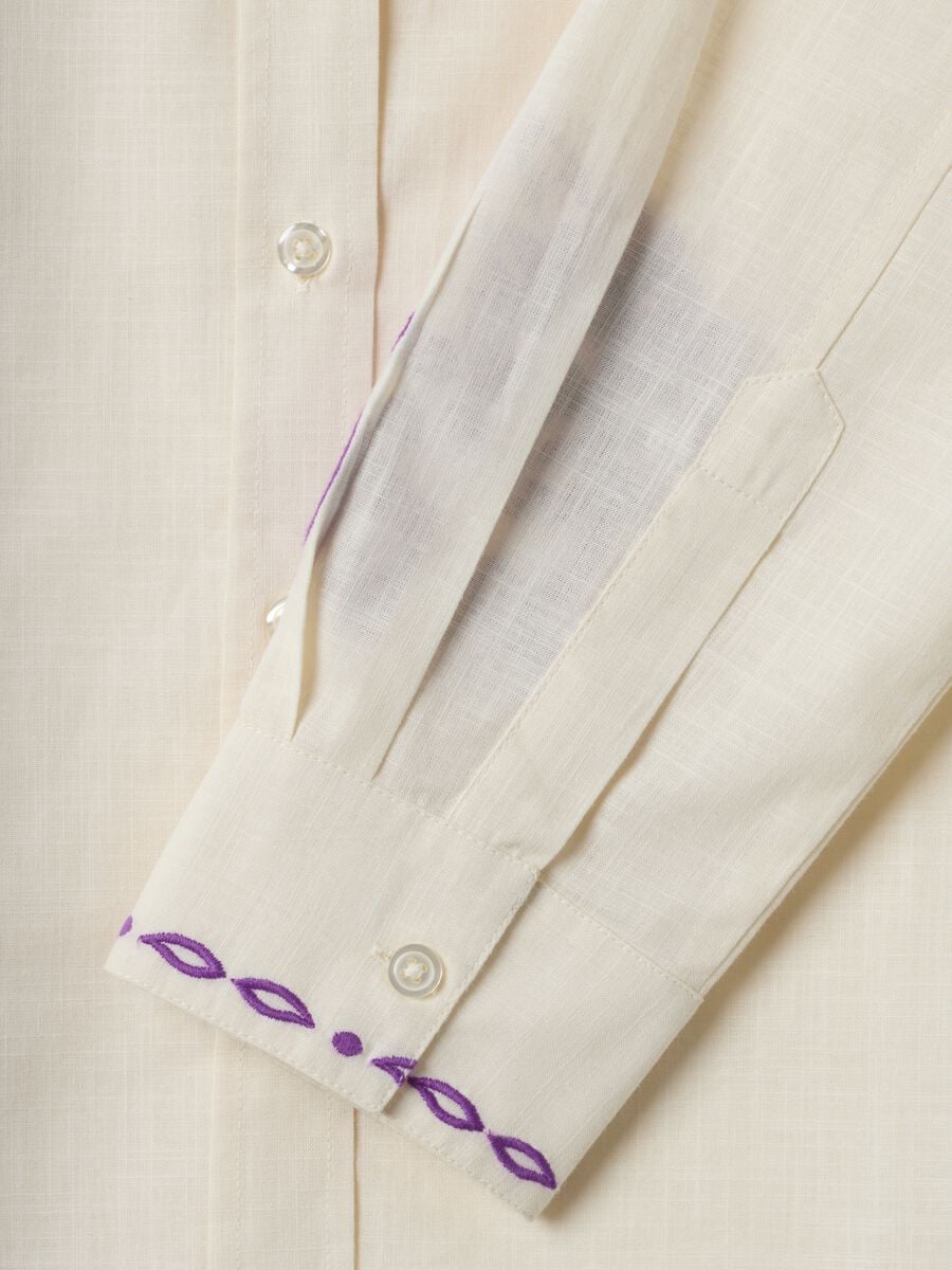 White pure cotton oversized shirt with purple embroidery_1