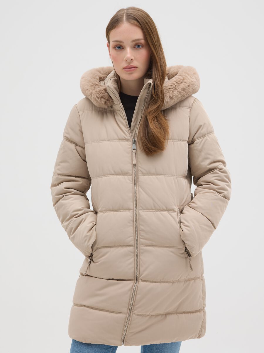 Black regular fit long padded jacket with hood and zip_0