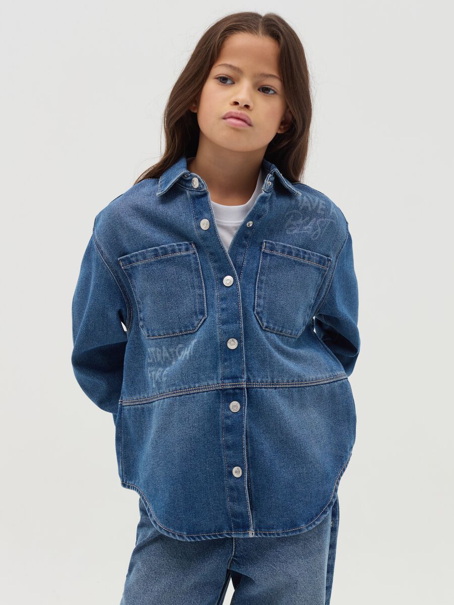 Denim shirt with lettering print_0