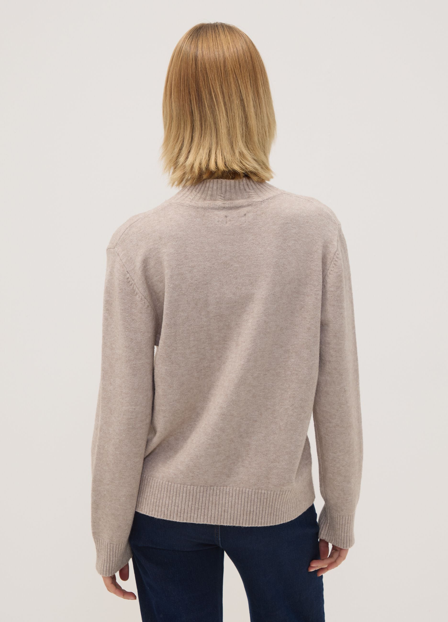 Beige viscose-blend ribbed high-neck jumper, regular fit