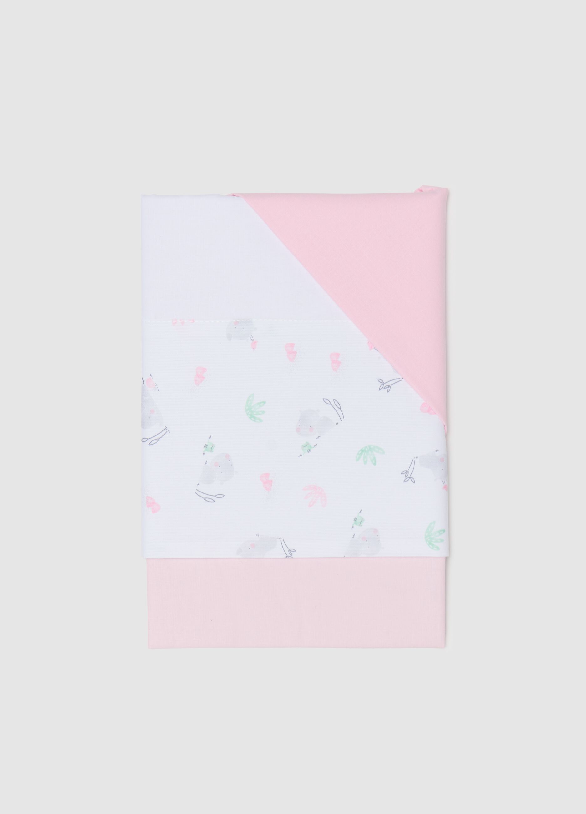 Three-piece white cotton crib set with hippopotamuses print