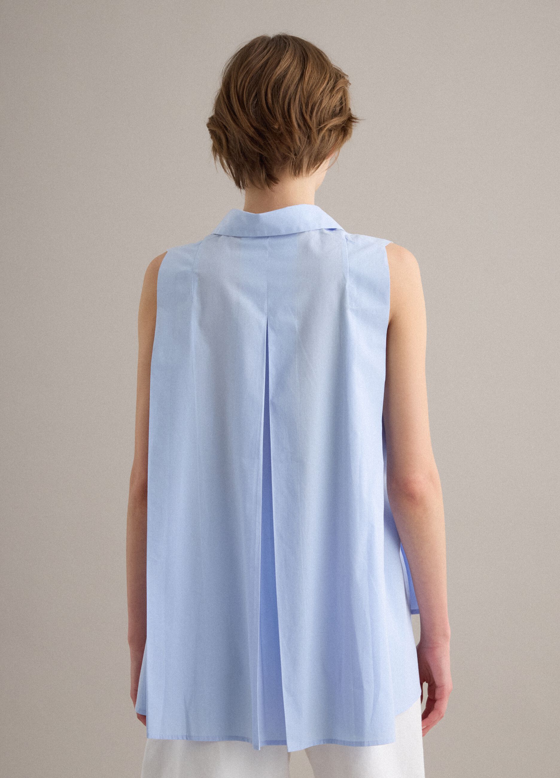 Sleeveless light-blue pure cotton shirt