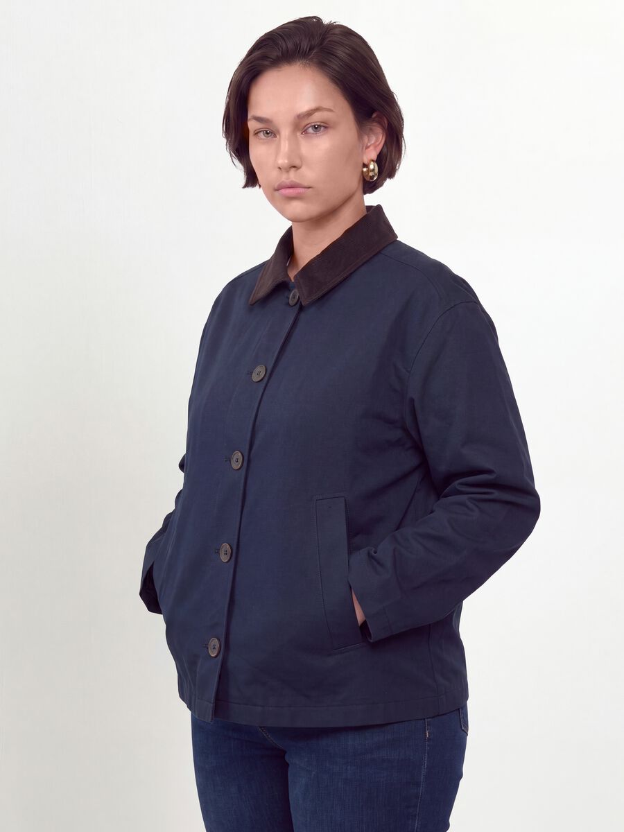 Giacca blu in puro cotone con colletto a contrasto regular fit_0